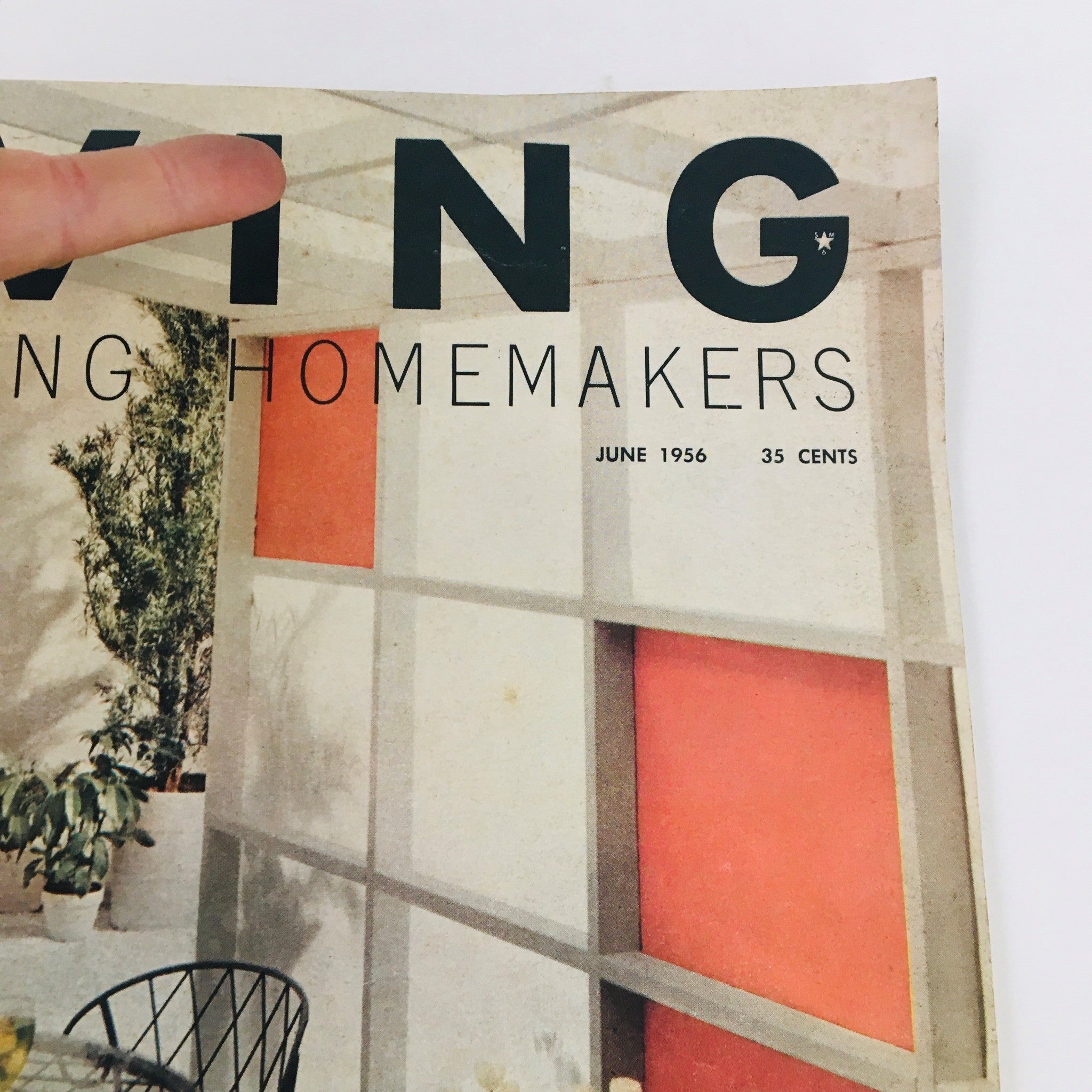 Close-up of the cover of Living For Young Homemakers magazine, June 1956, showing the magazine title and design details.