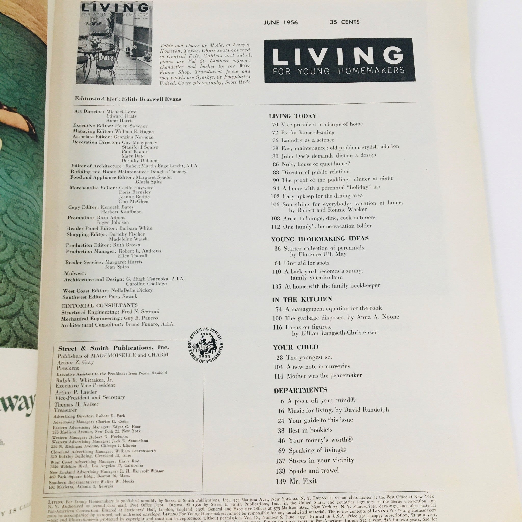 Table of contents from Living For Young Homemakers magazine, June 1956 edition, outlining articles on homemaking, dining, and lifestyle tips.