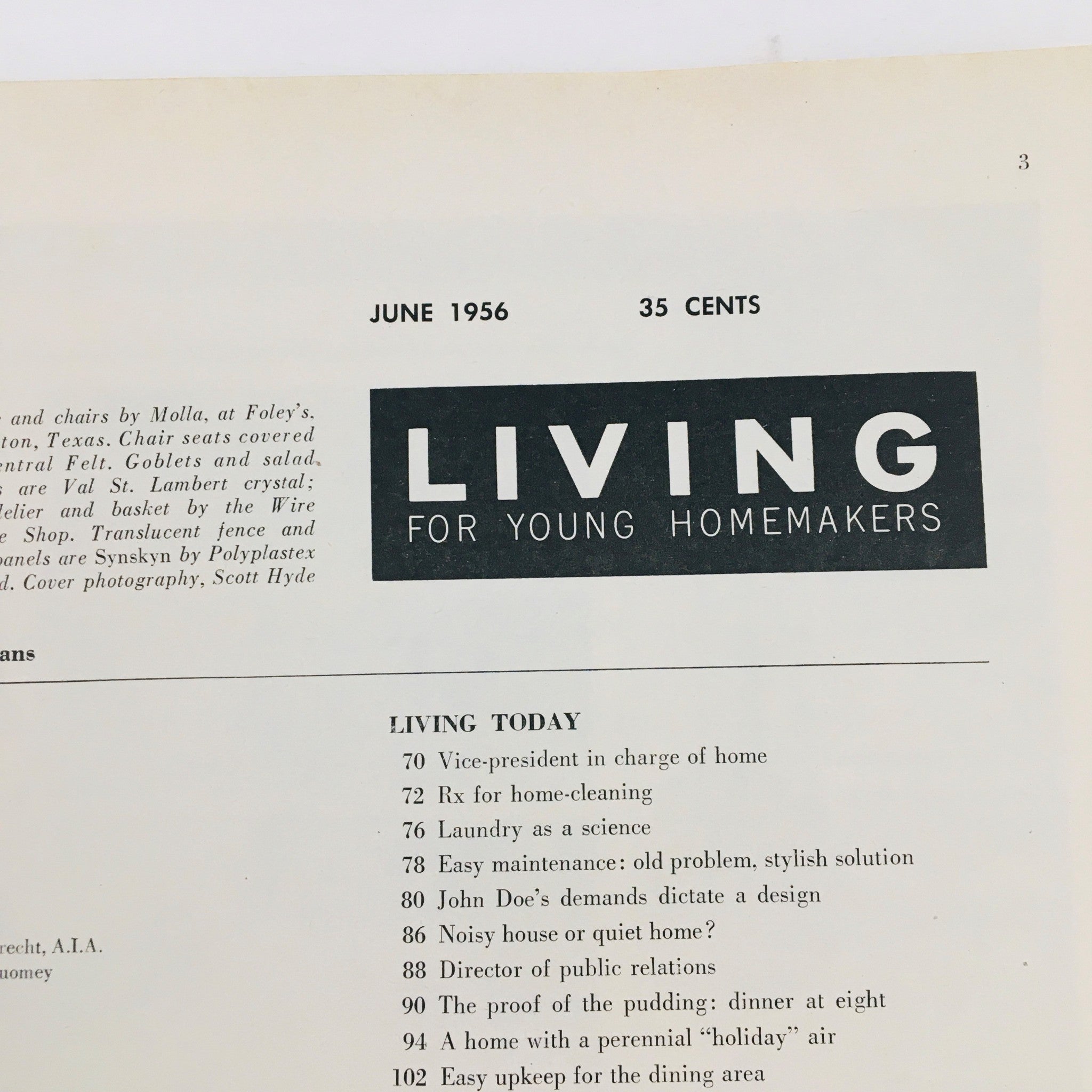 Cover page of Living For Young Homemakers June 1956 magazine featuring the title and contents including articles such as 'The proof of pudding: dinner at eight' and 'Home cleaning tips'. The magazine is in good condition with a protective plastic covering.
