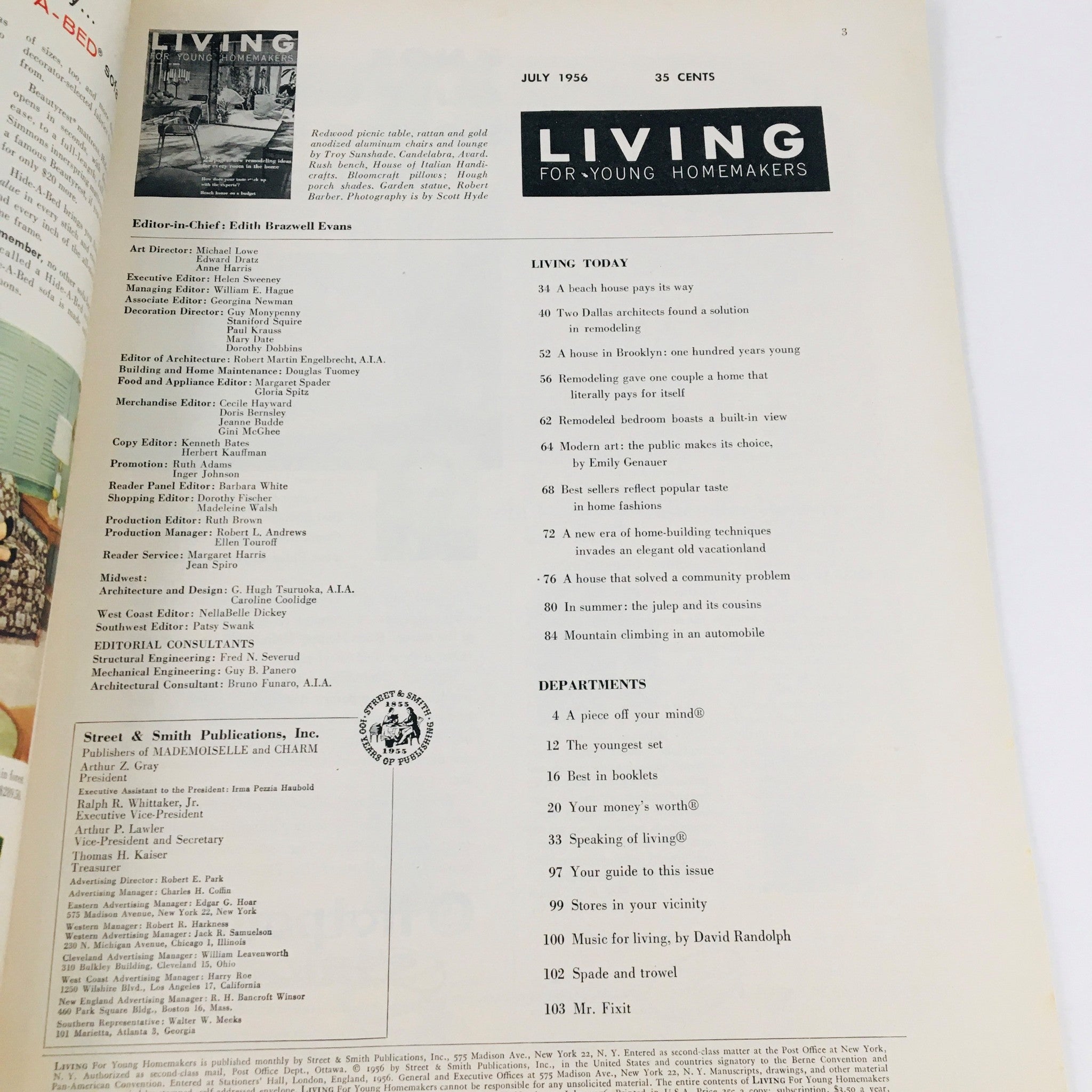 Inside page of the magazine 'Living For Young Homemakers' July 1956, showcasing the table of contents and editor's note.
