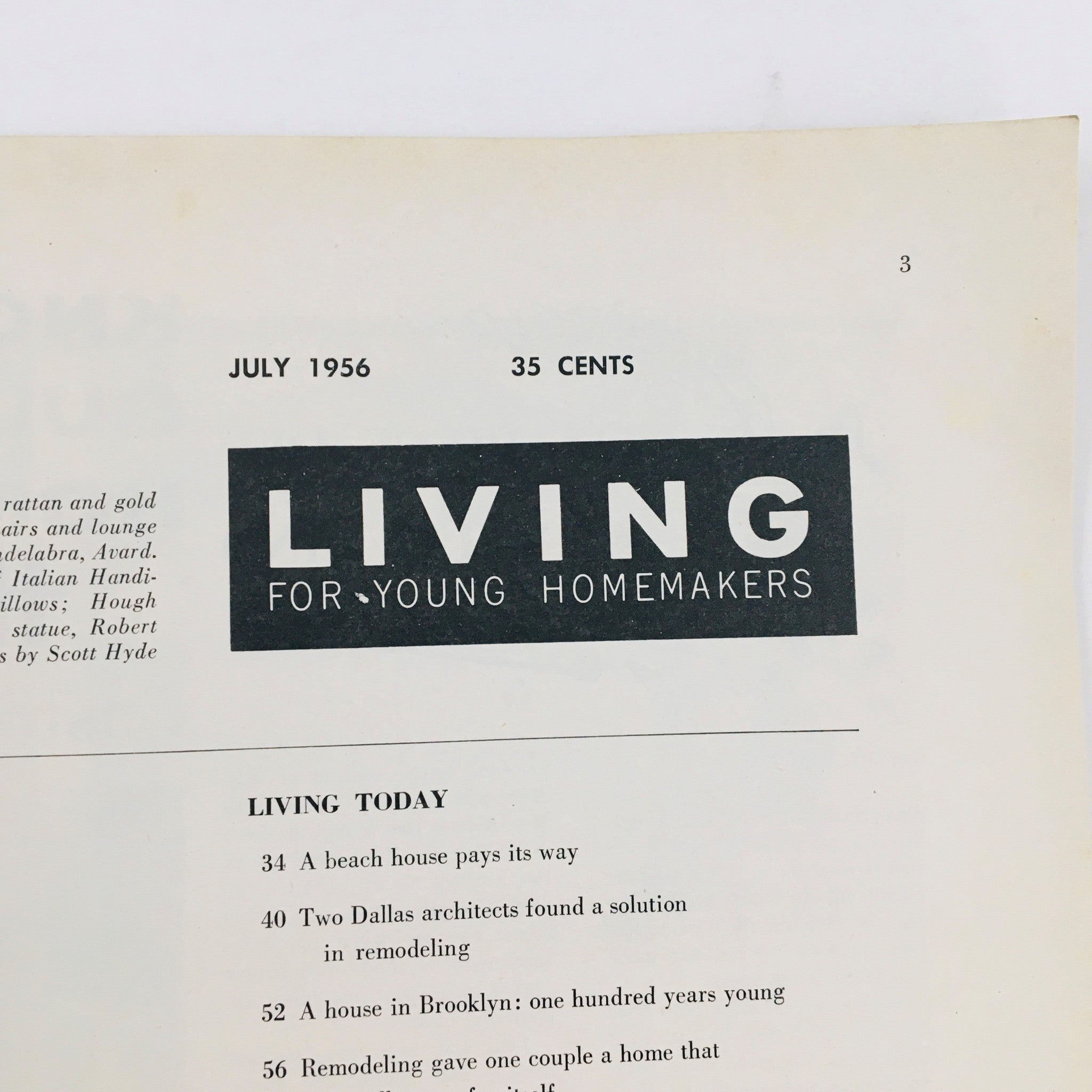 Cover page of 'Living For Young Homemakers' July 1956 featuring the title prominently and listing articles in the issue.