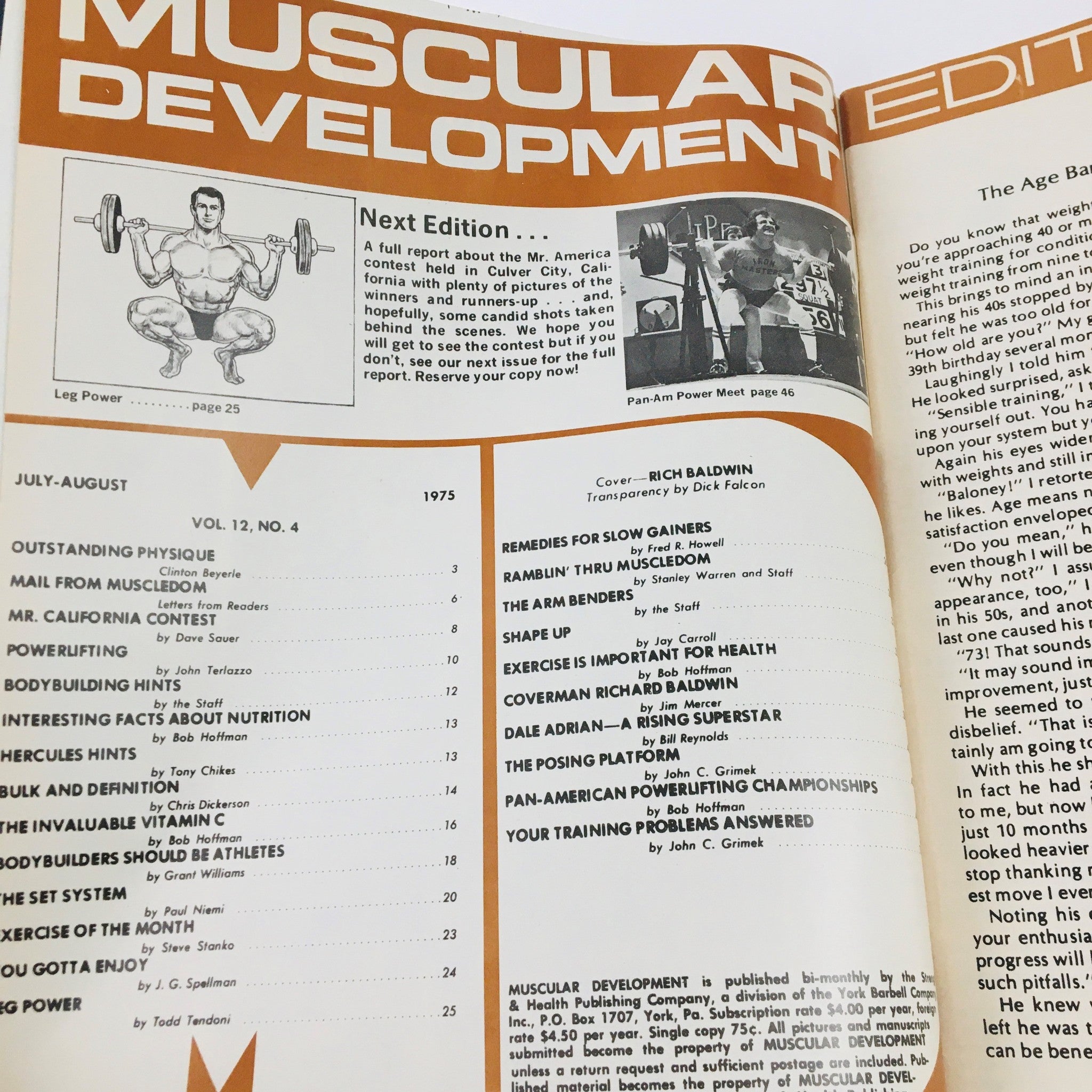 Muscular Development Magazine July 1975 cover page, displaying the magazine's title and contents related to bodybuilding and fitness, with a focus on Rich Baldwin.