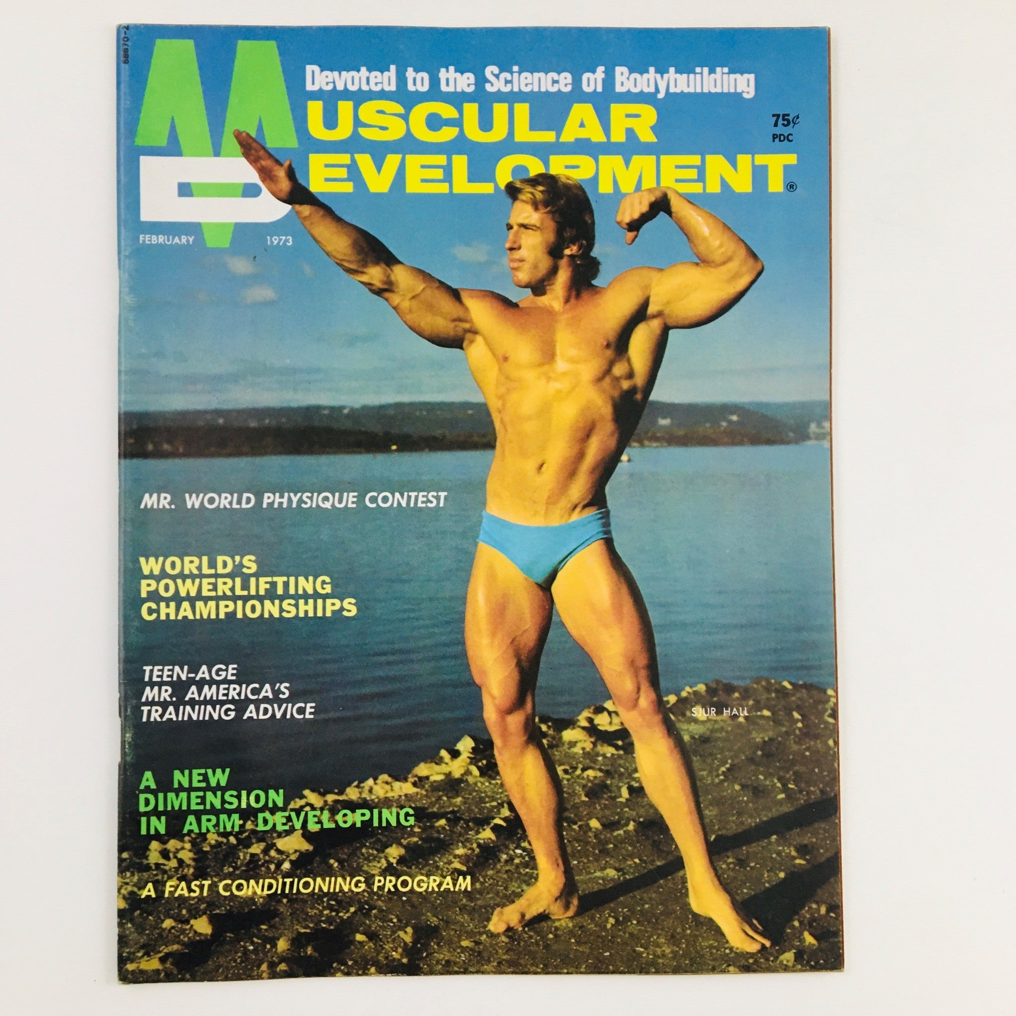 Cover of Muscular Development Magazine February 1973 featuring bodybuilder Sjur Hall, highlighting topics like Mr. World Physique Contest and World's Powerlifting Championships.