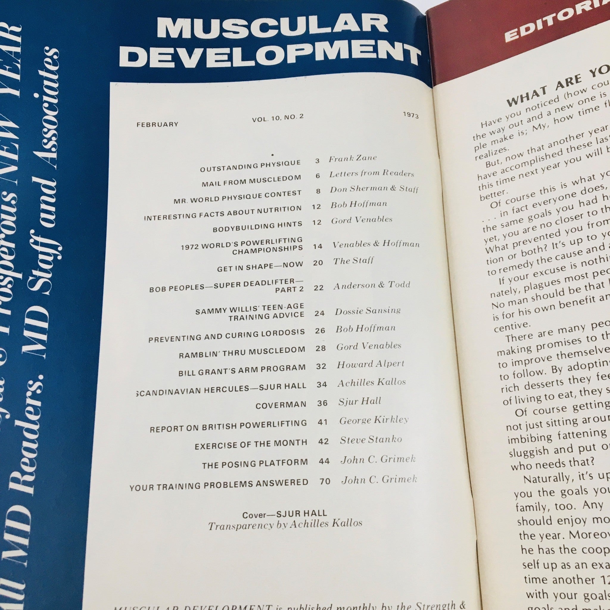 Interior pages of Muscular Development Magazine February 1973 showcasing the table of contents, including articles on bodybuilding hints, nutrition, and training advice.