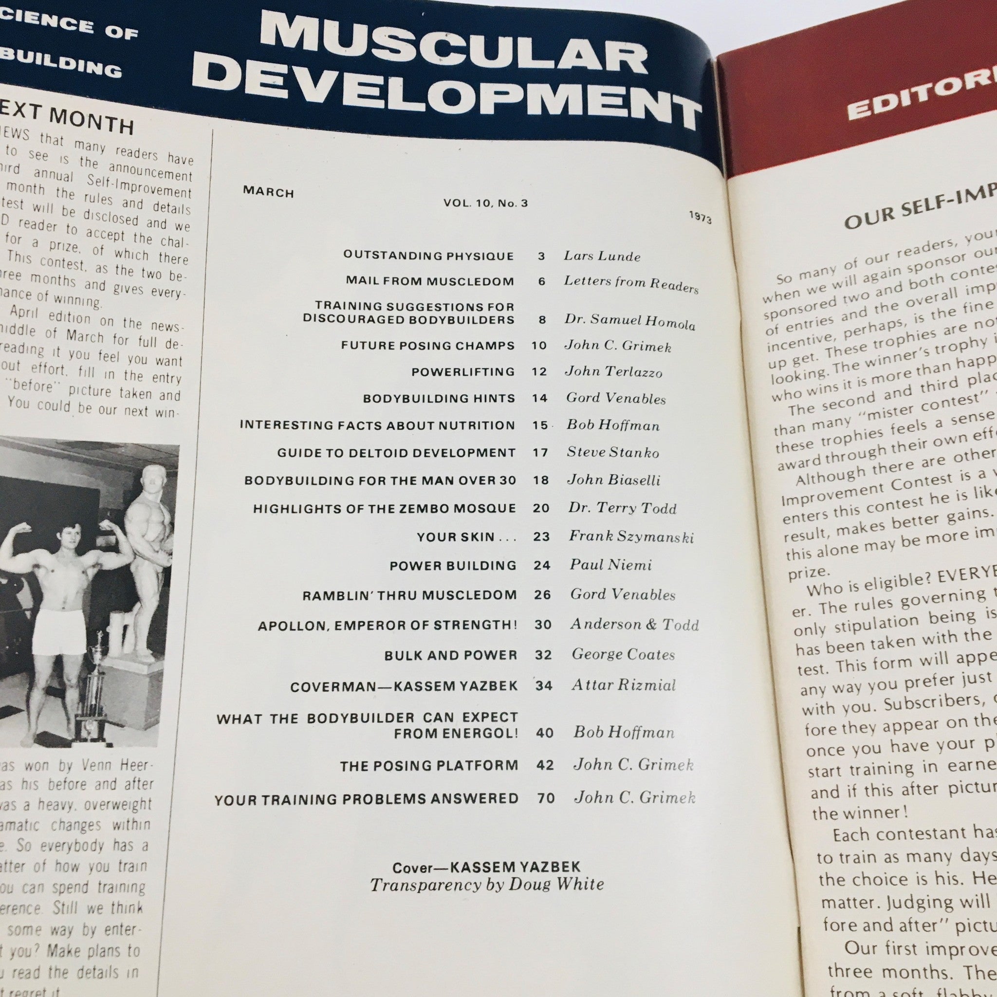 Inside page of Muscular Development Magazine March 1973 displaying the contents and articles, including a feature on Kassem Yazbek, showcasing topics related to bodybuilding and fitness.