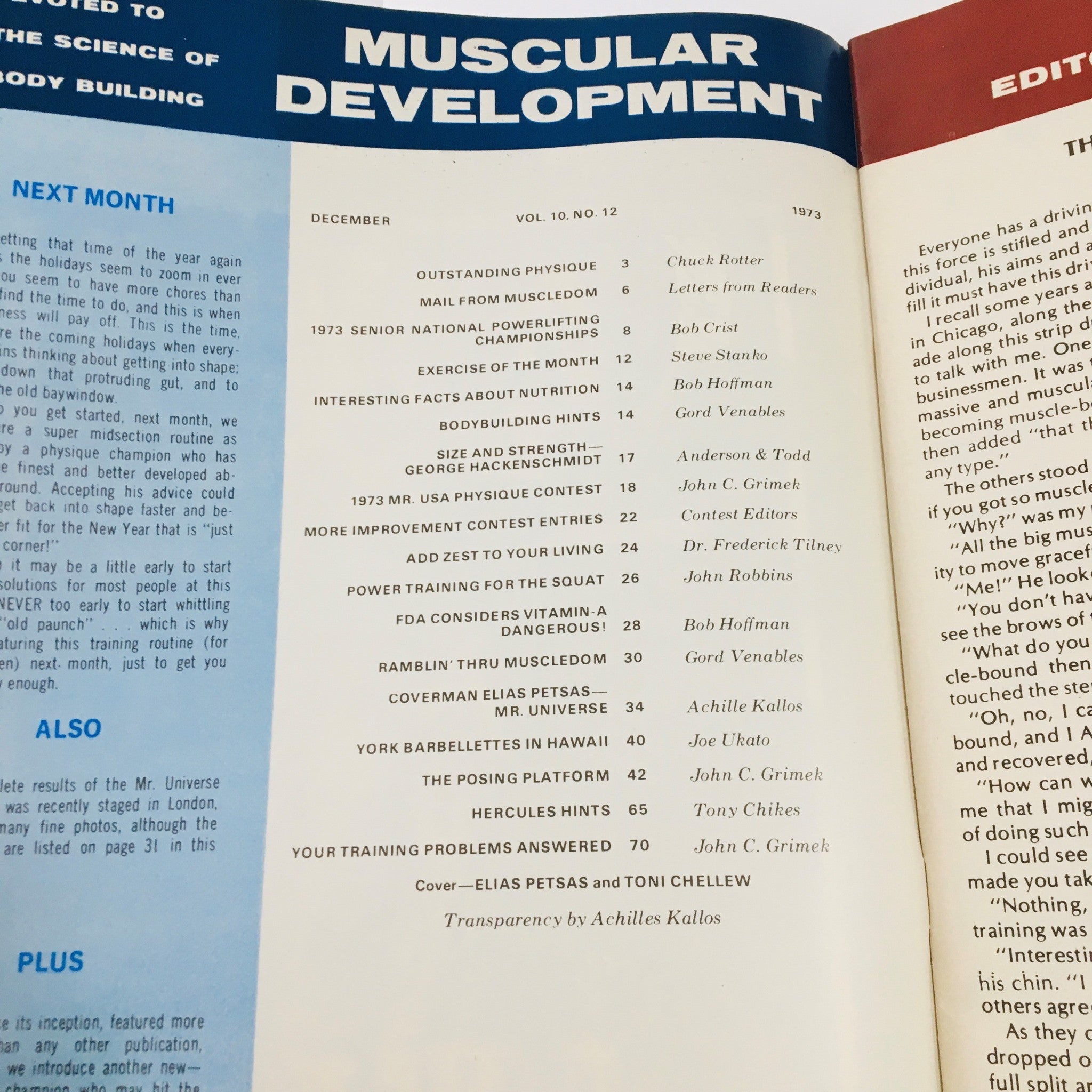 Interior page of Muscular Development Magazine December 1973, showcasing the contents and features of the issue, including articles on bodybuilding, nutrition, and training, highlighting iconic figures like Elias Petsas.