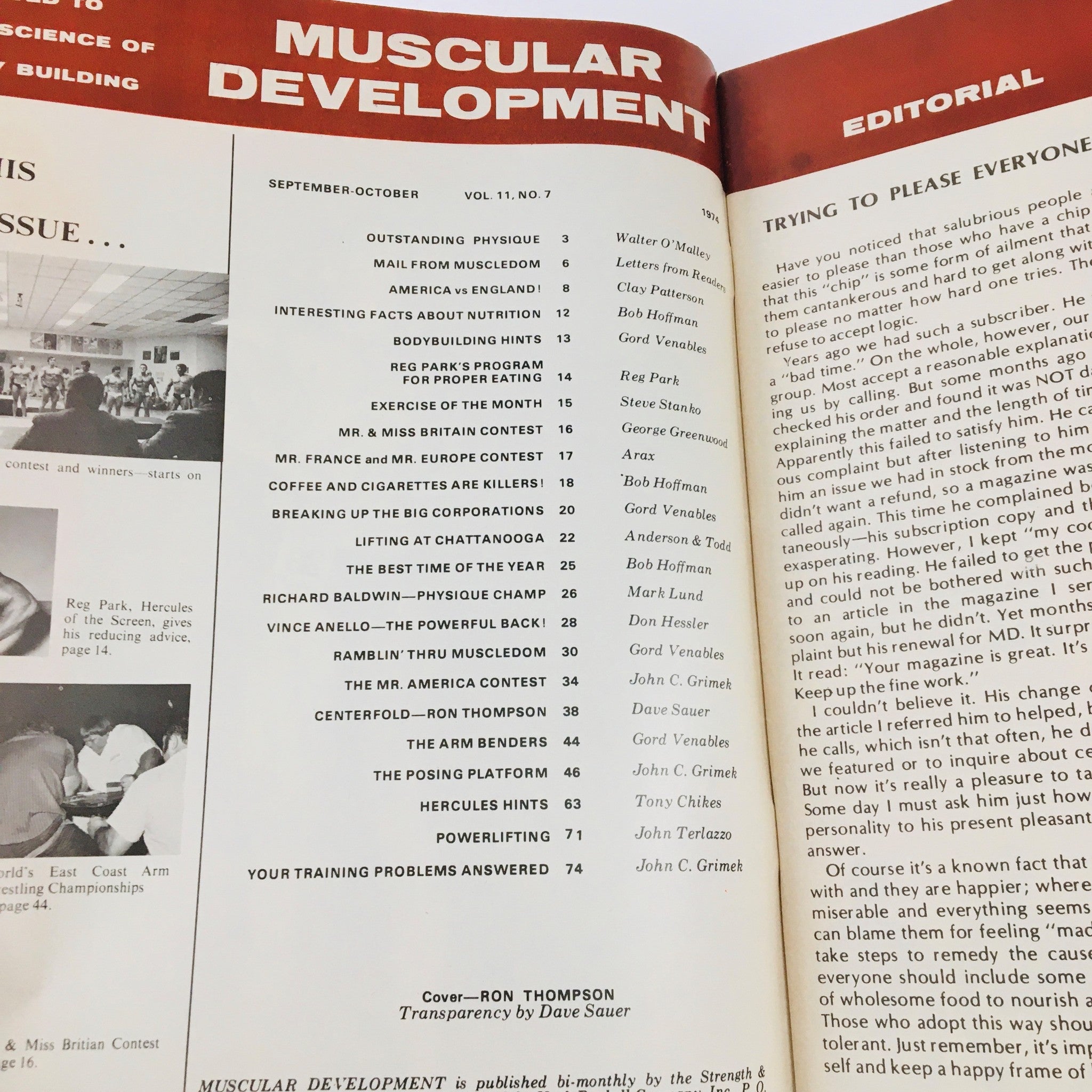 Contents page of Muscular Development Magazine September 1974, outlining articles and features, including Ron Thompson's profile and various bodybuilding topics.