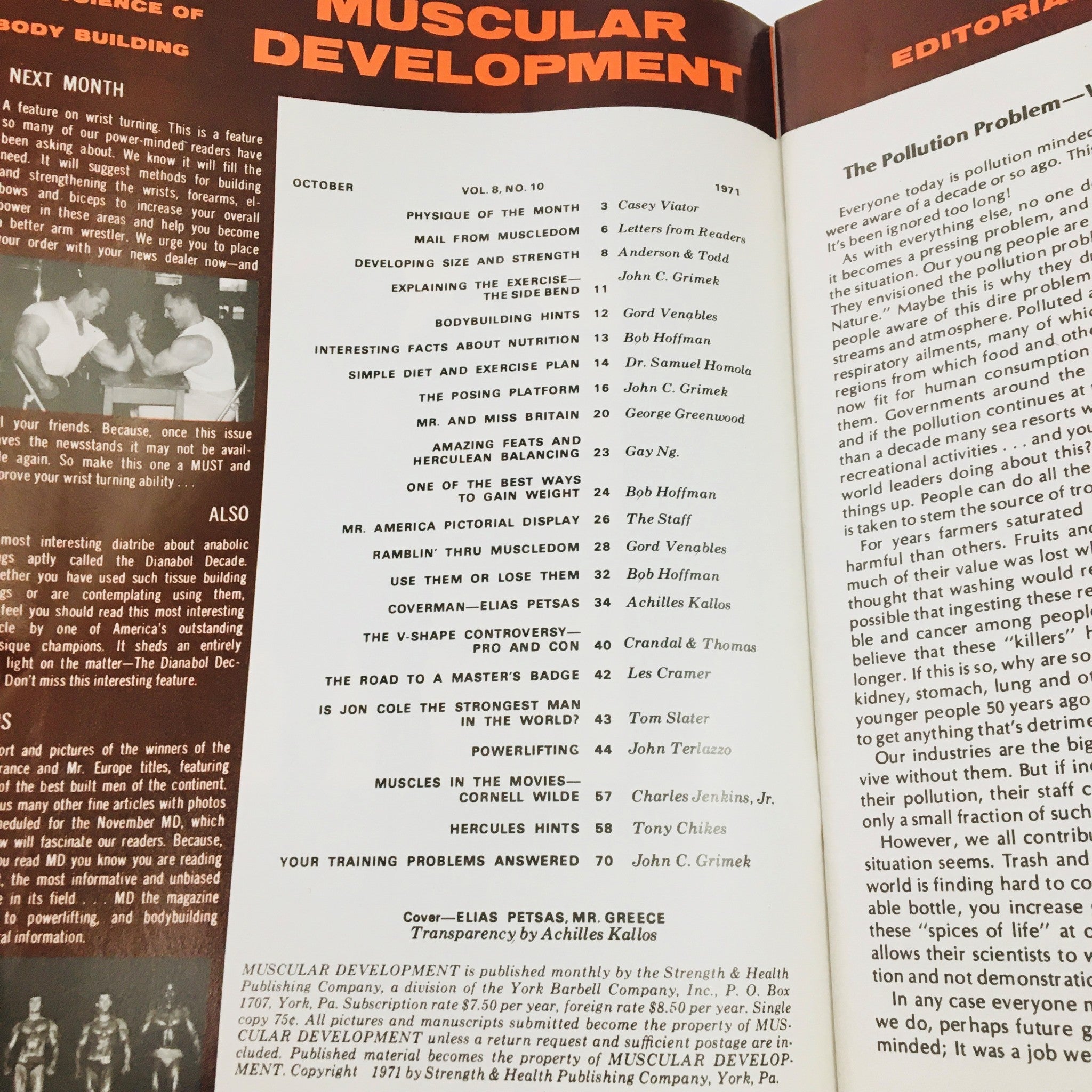 Interior page of Muscular Development Magazine October 1971 showcasing editorial content and the table of contents highlighting articles on bodybuilding and fitness.