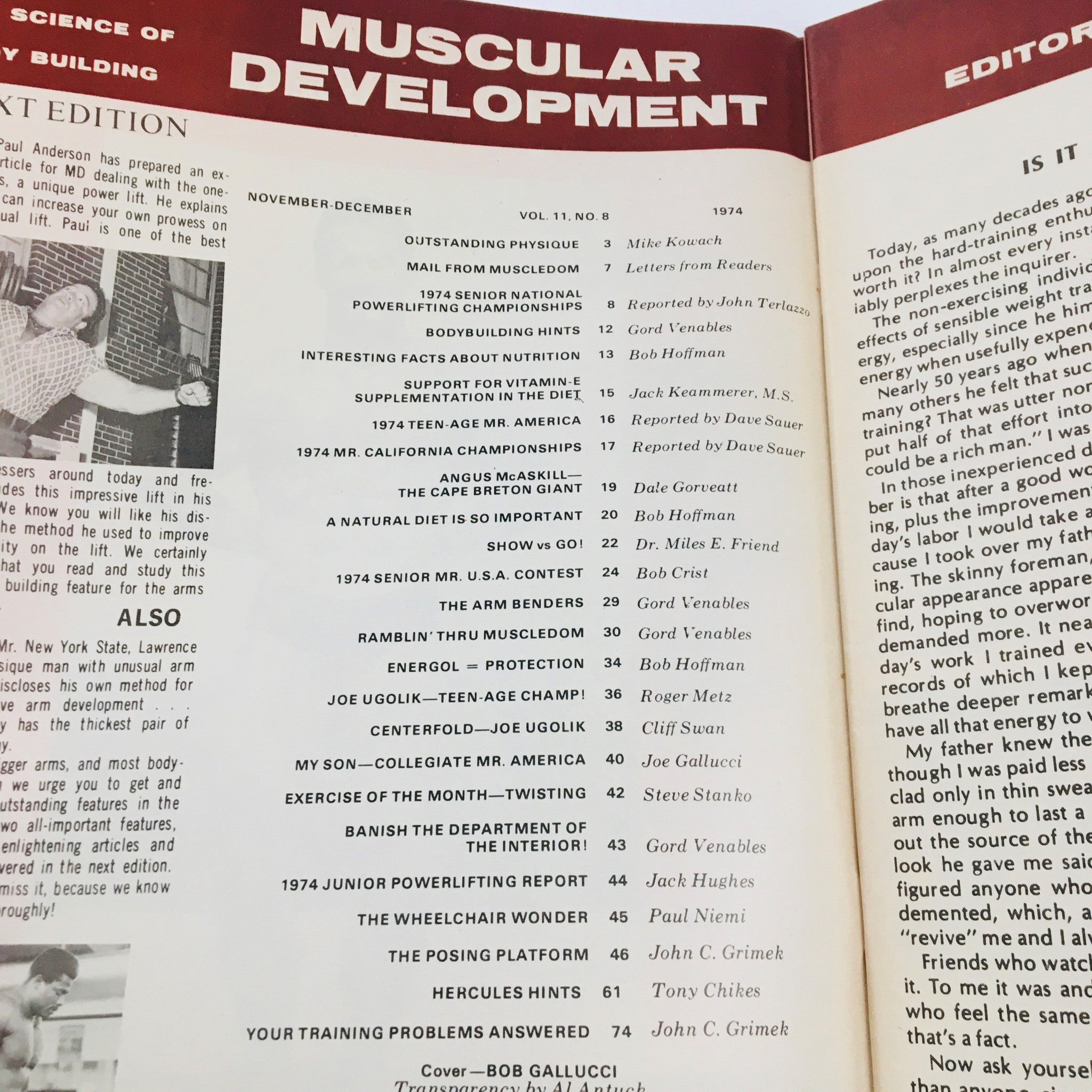 Interior page of Muscular Development Magazine November 1974 featuring table of contents and editorial notes. This vintage issue showcases bodybuilding and fitness culture of the 1970s.
