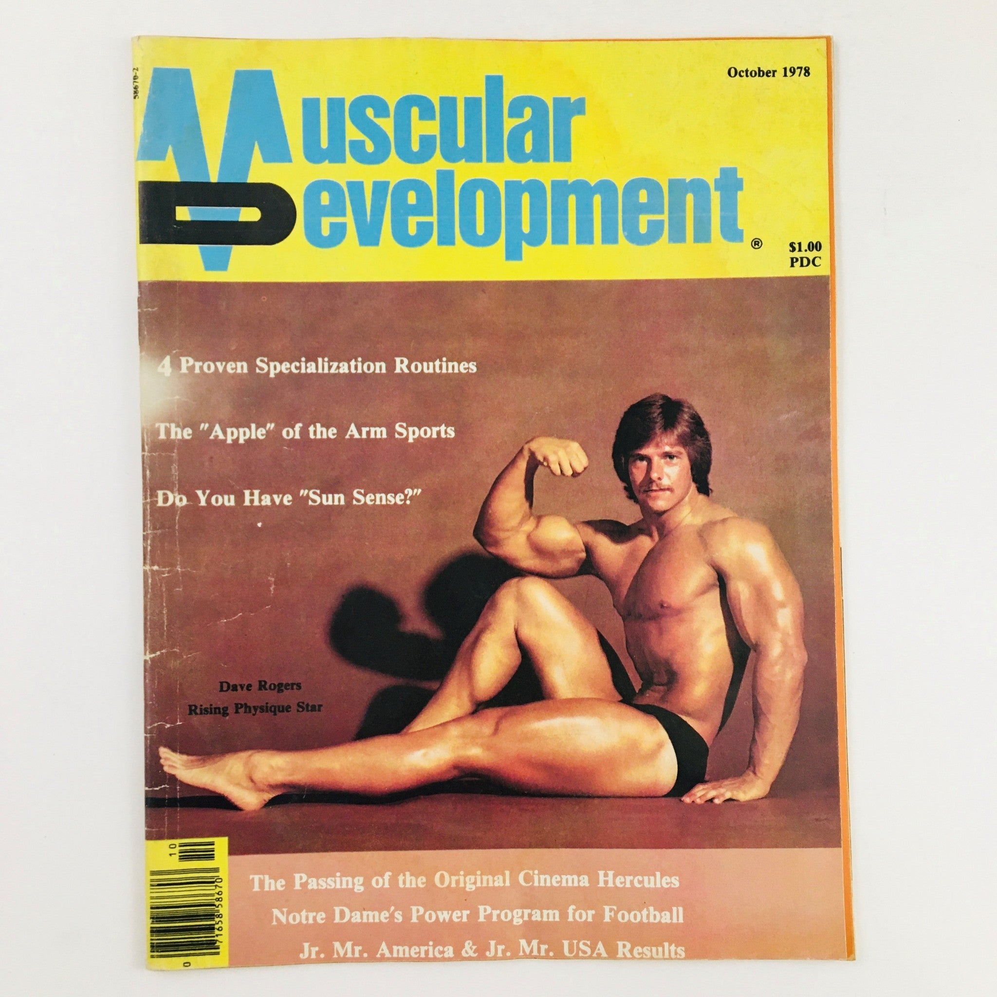 Cover of Muscular Development Magazine October 1978 featuring Dave Rogers, showcasing bodybuilding themes and fitness culture with an eye-catching design.
