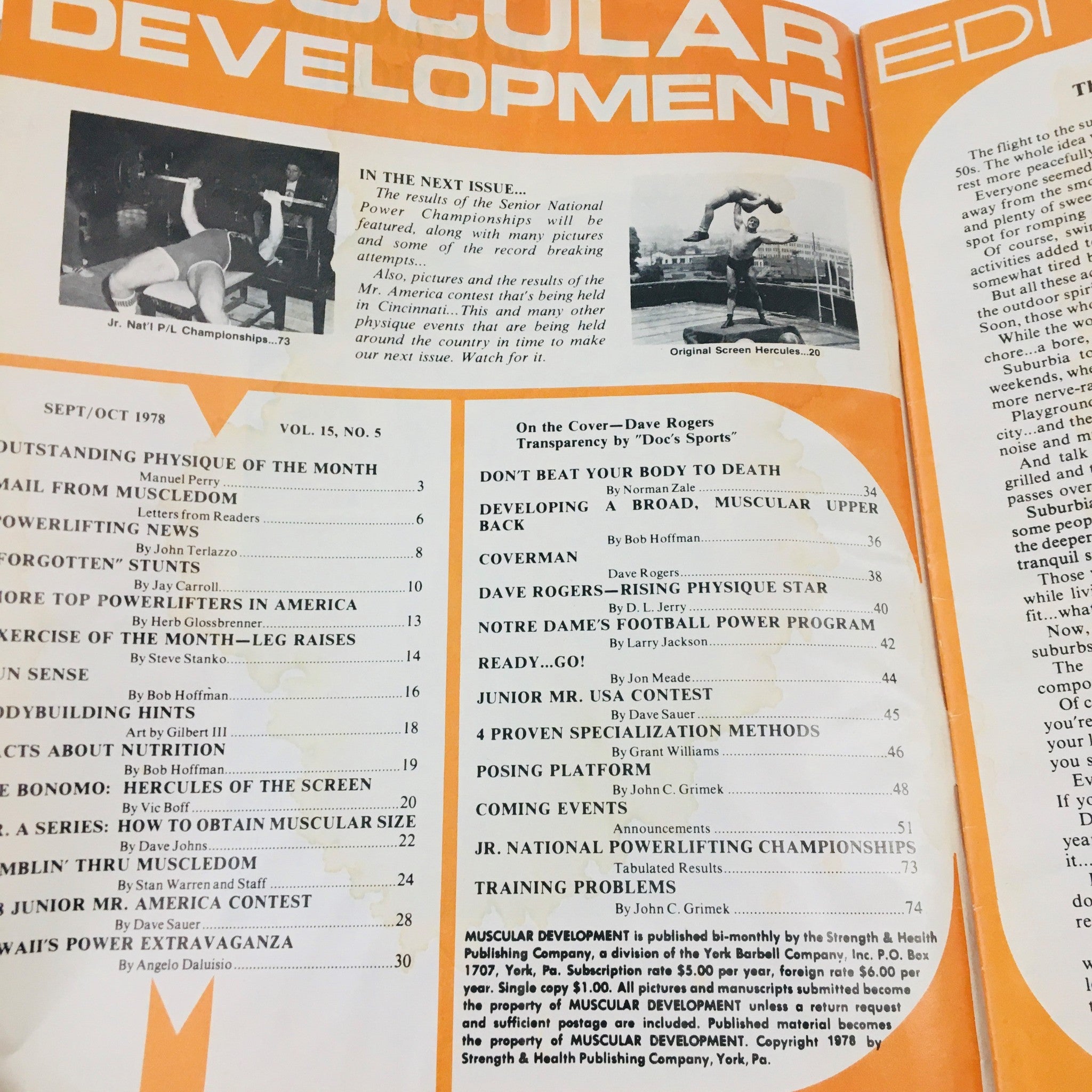 Inside spread of Muscular Development Magazine October 1978 that includes features and articles related to bodybuilders like Dave Rogers and upcoming events in powerlifting.