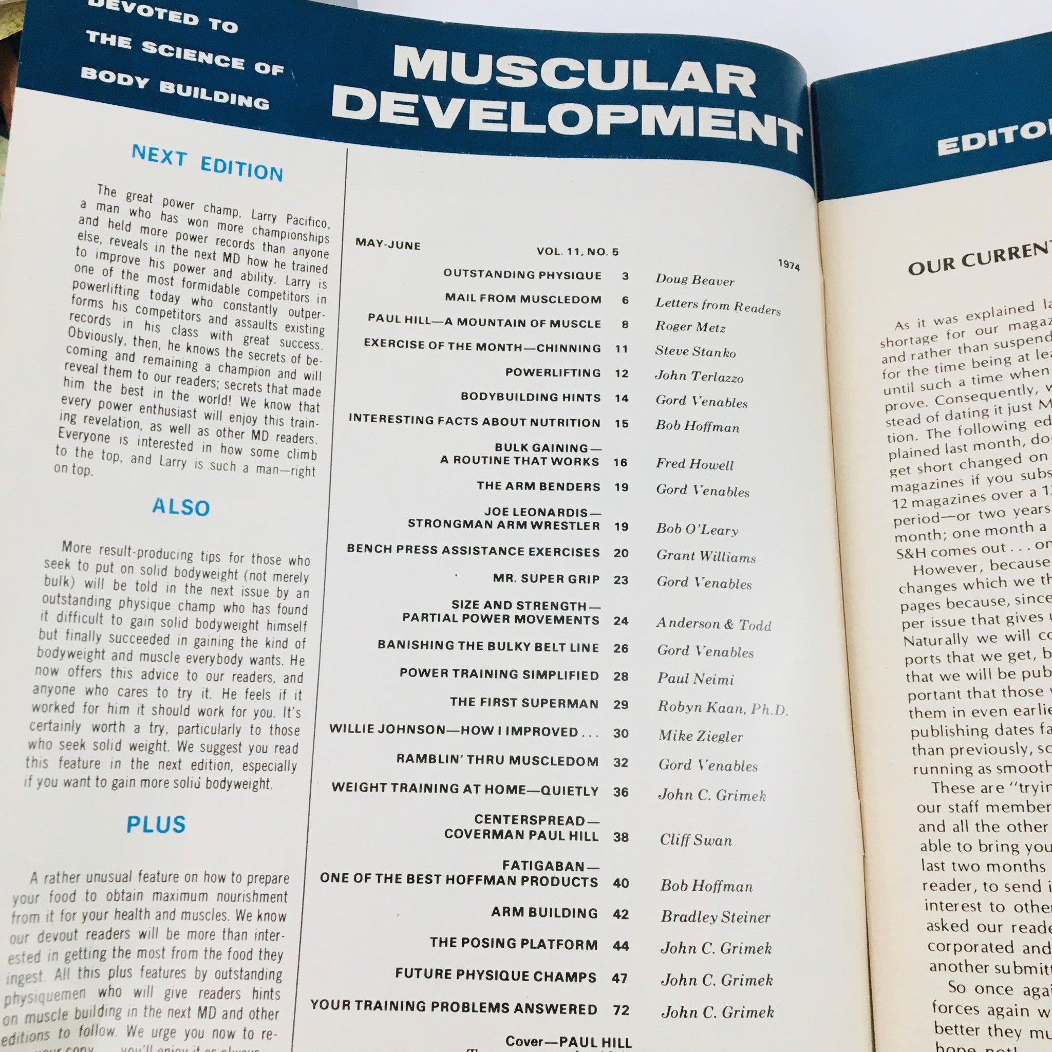 Interior page of Muscular Development Magazine May 1974 displaying the table of contents with articles on bodybuilding, nutrition, and fitness training.