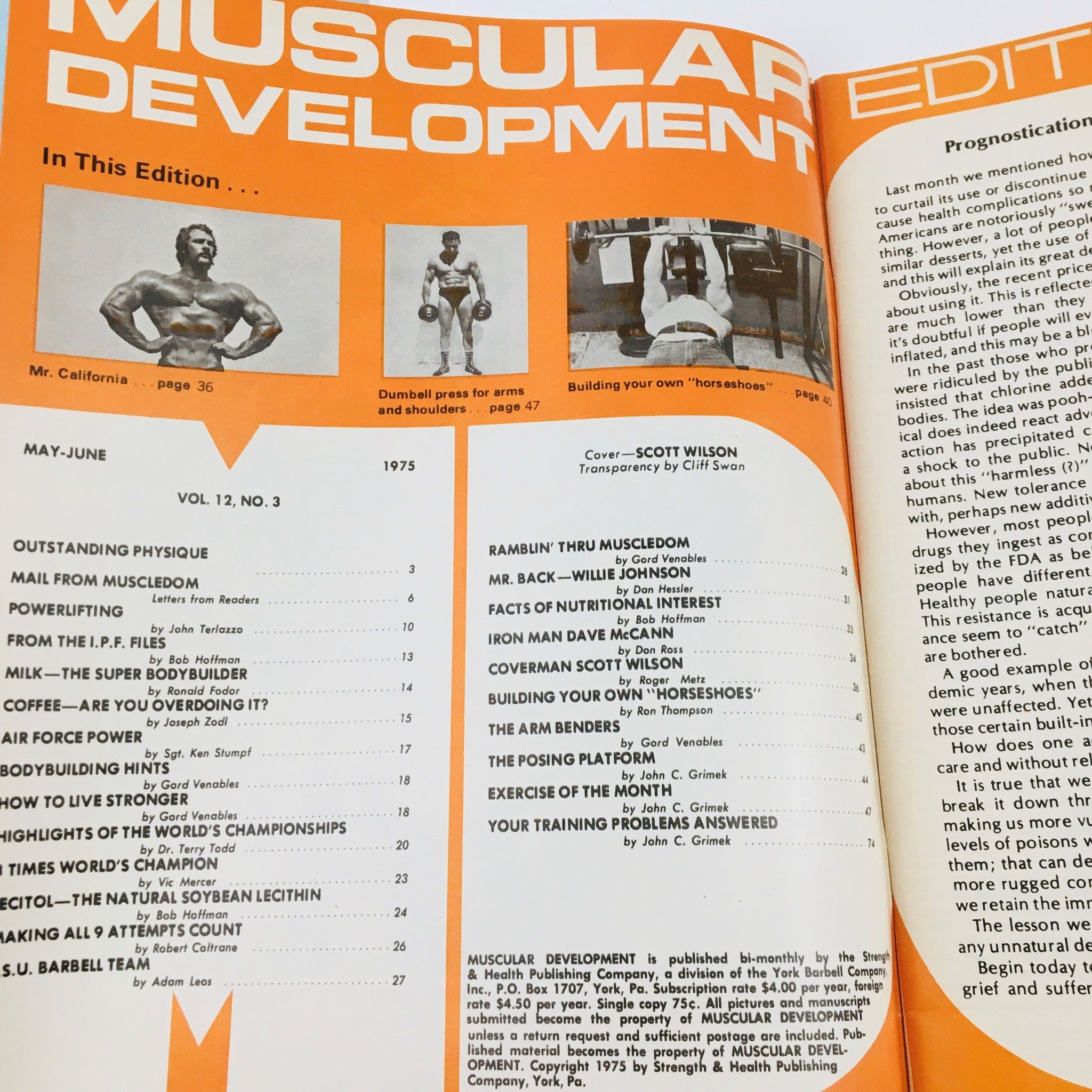 Interior page of Muscular Development Magazine May 1975 displaying the table of contents and features, highlighting fitness articles including Iron Man Dave McCann and bodybuilding techniques.