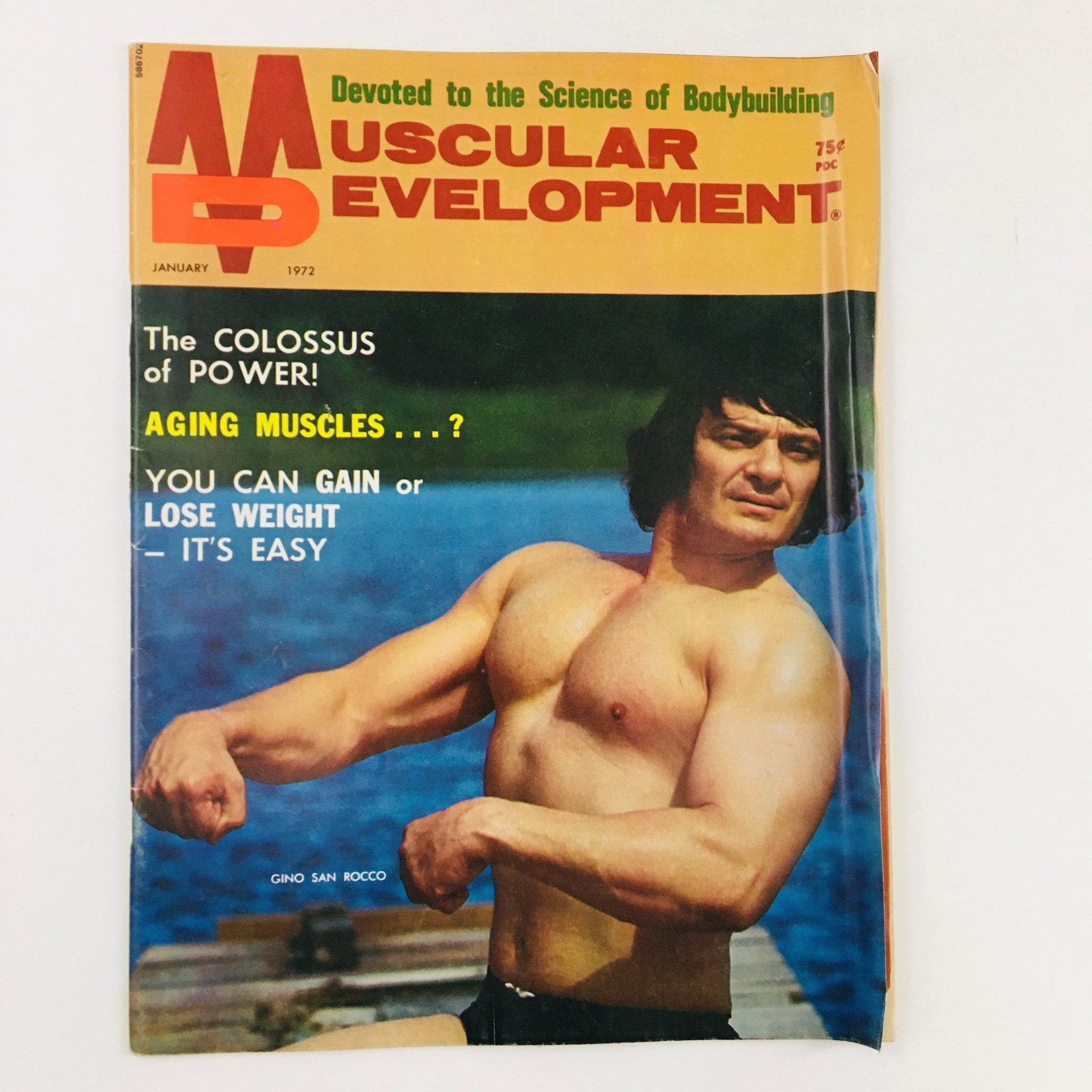 Cover of Muscular Development Magazine January 1972 featuring Gino San Rocco showcasing bodybuilding insights and training tips, highlighting the era's fitness culture.