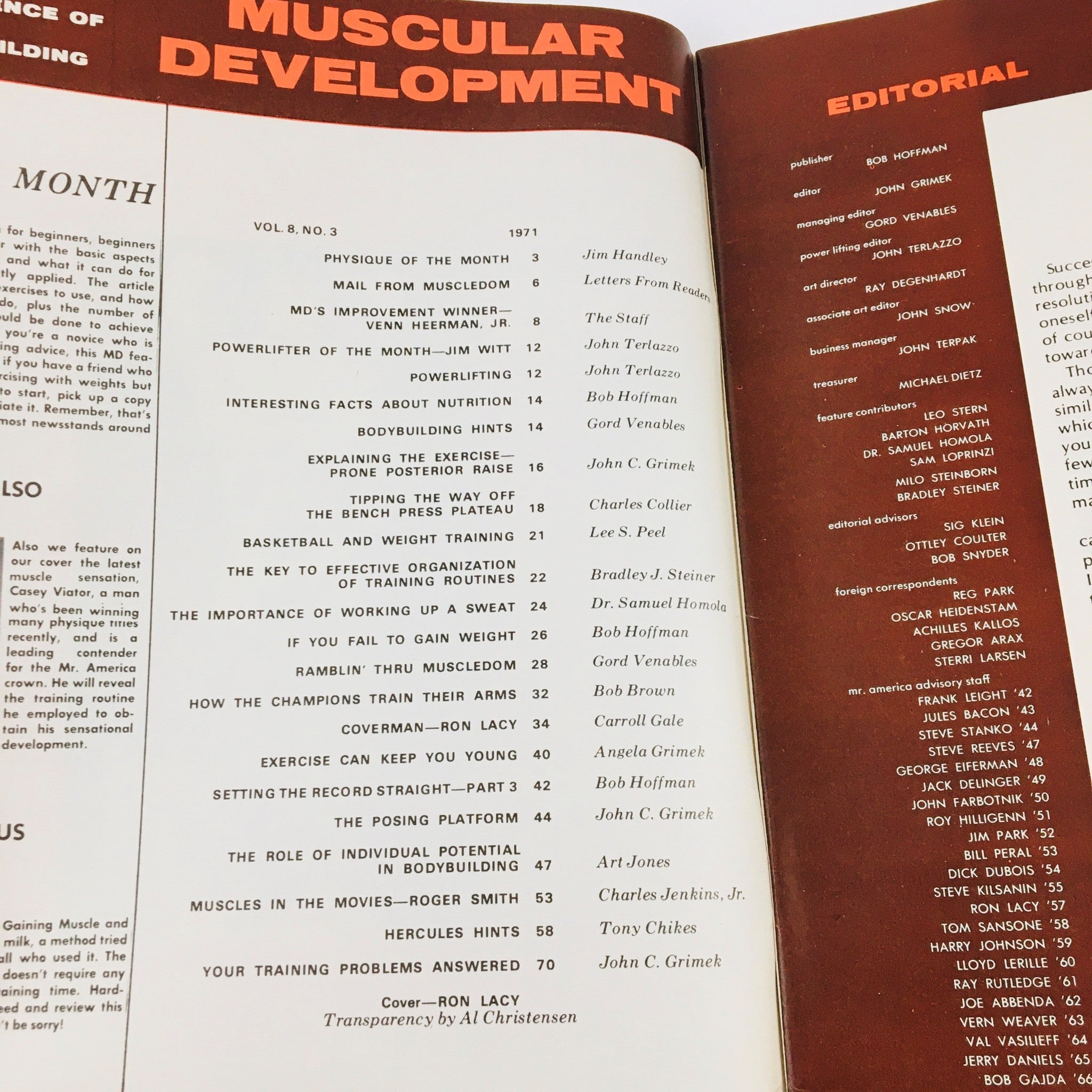 Inside page of Muscular Development Magazine March 1971 showcasing the contents and editorials, providing insights on bodybuilding techniques and training tips.