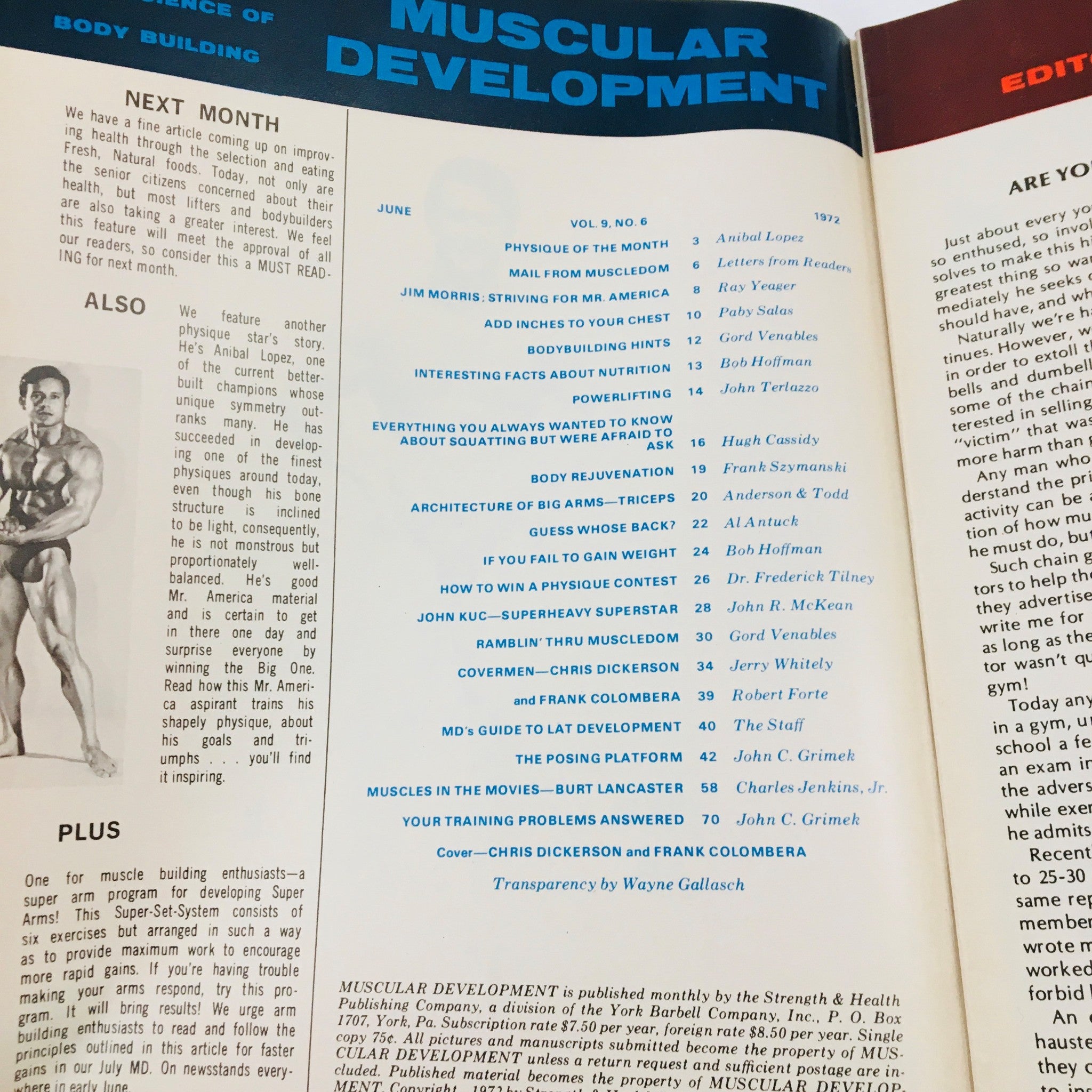Inside page of Muscular Development Magazine June 1972, displaying the table of contents and articles related to bodybuilding and fitness, including features on Chris Dickerson and Frank Colombera.