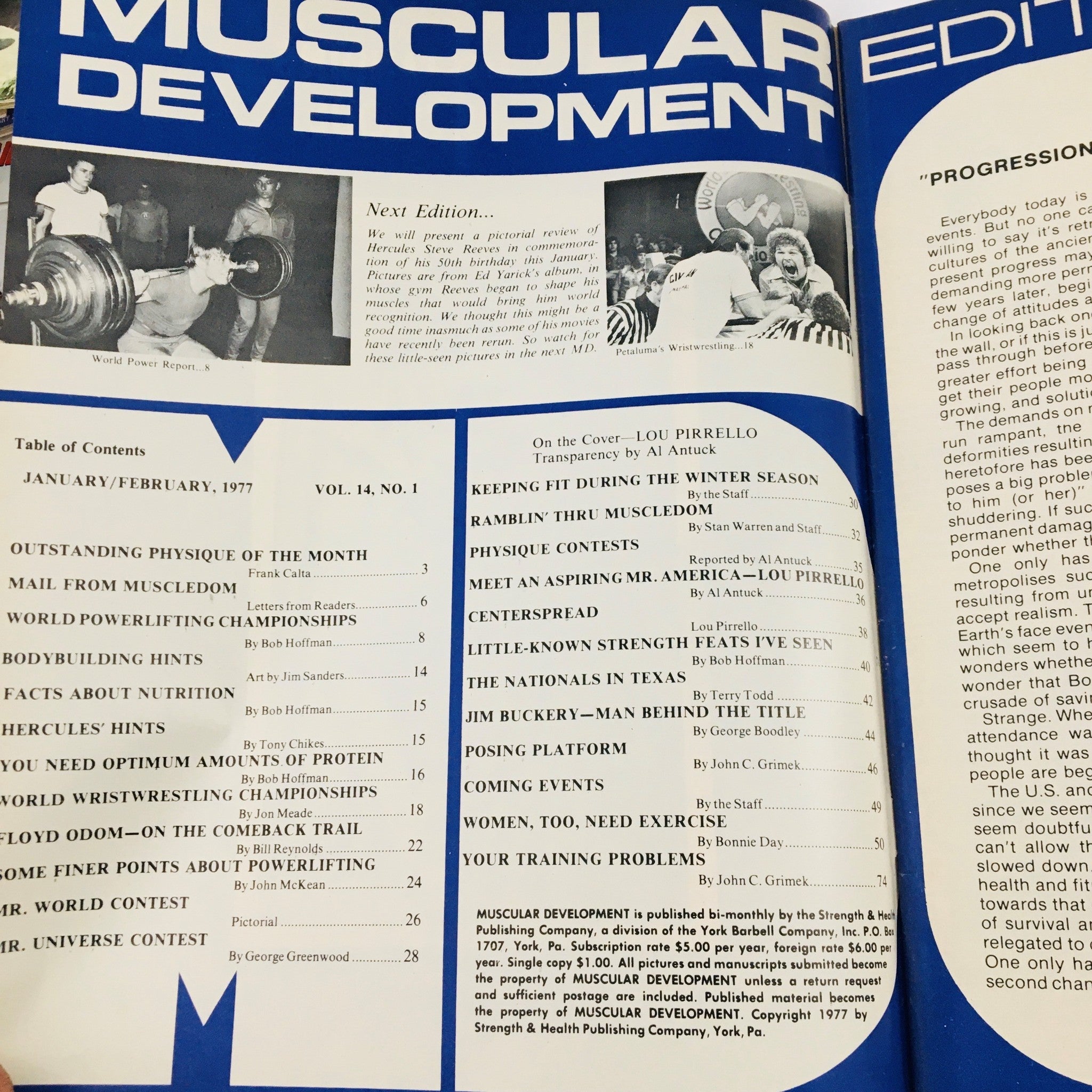 Inside page of Muscular Development Magazine January 1977 displaying the table of contents, highlighting articles on fitness, bodybuilding, and training tips.
