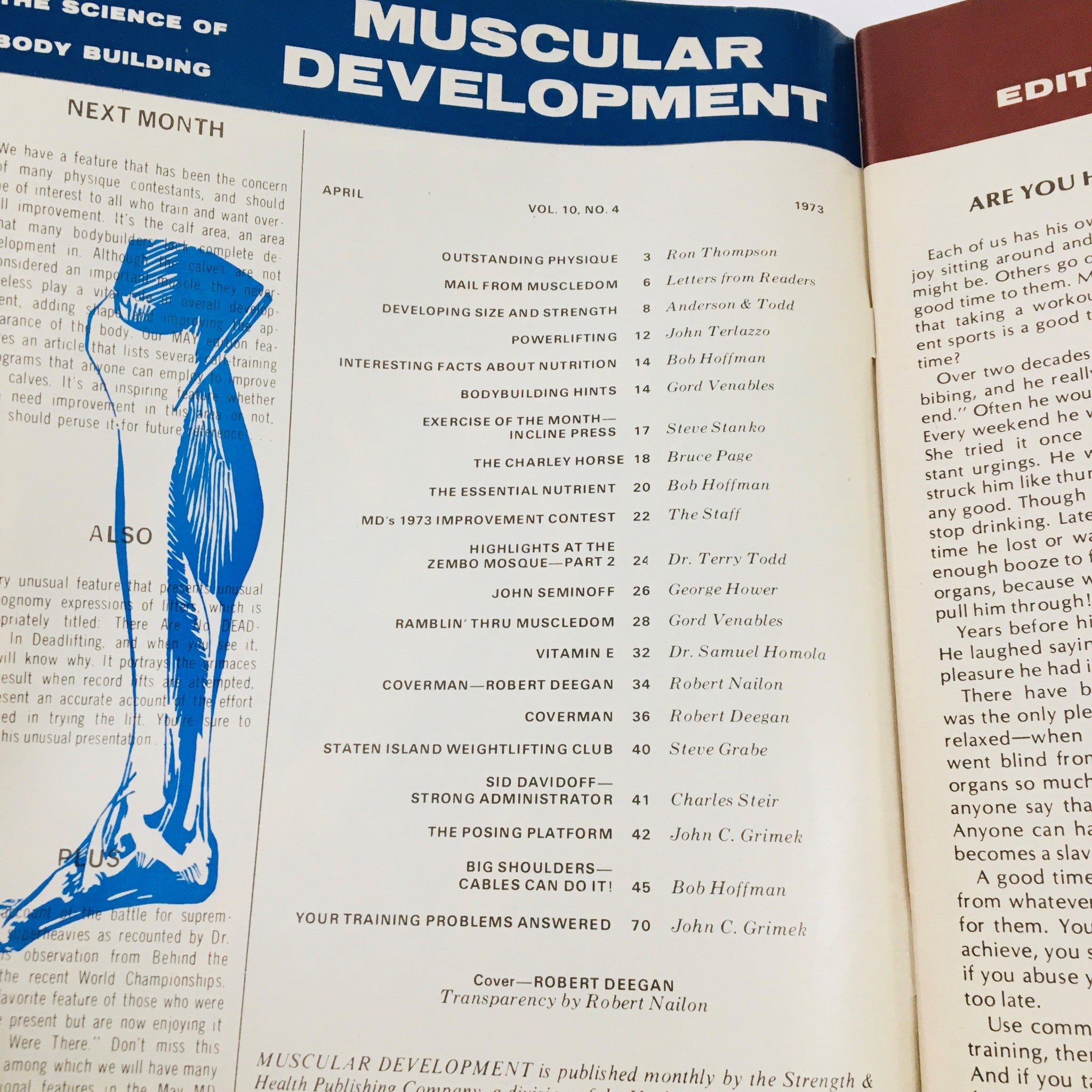 Inside page of Muscular Development Magazine April 1973, detailing articles and content focused on bodybuilding and fitness.