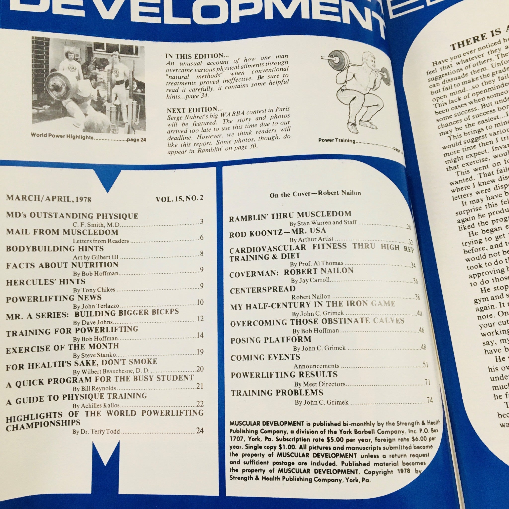 Inside page of Muscular Development Magazine April 1978 displaying contents and articles related to bodybuilding, fitness insights, and Robert Nailon.