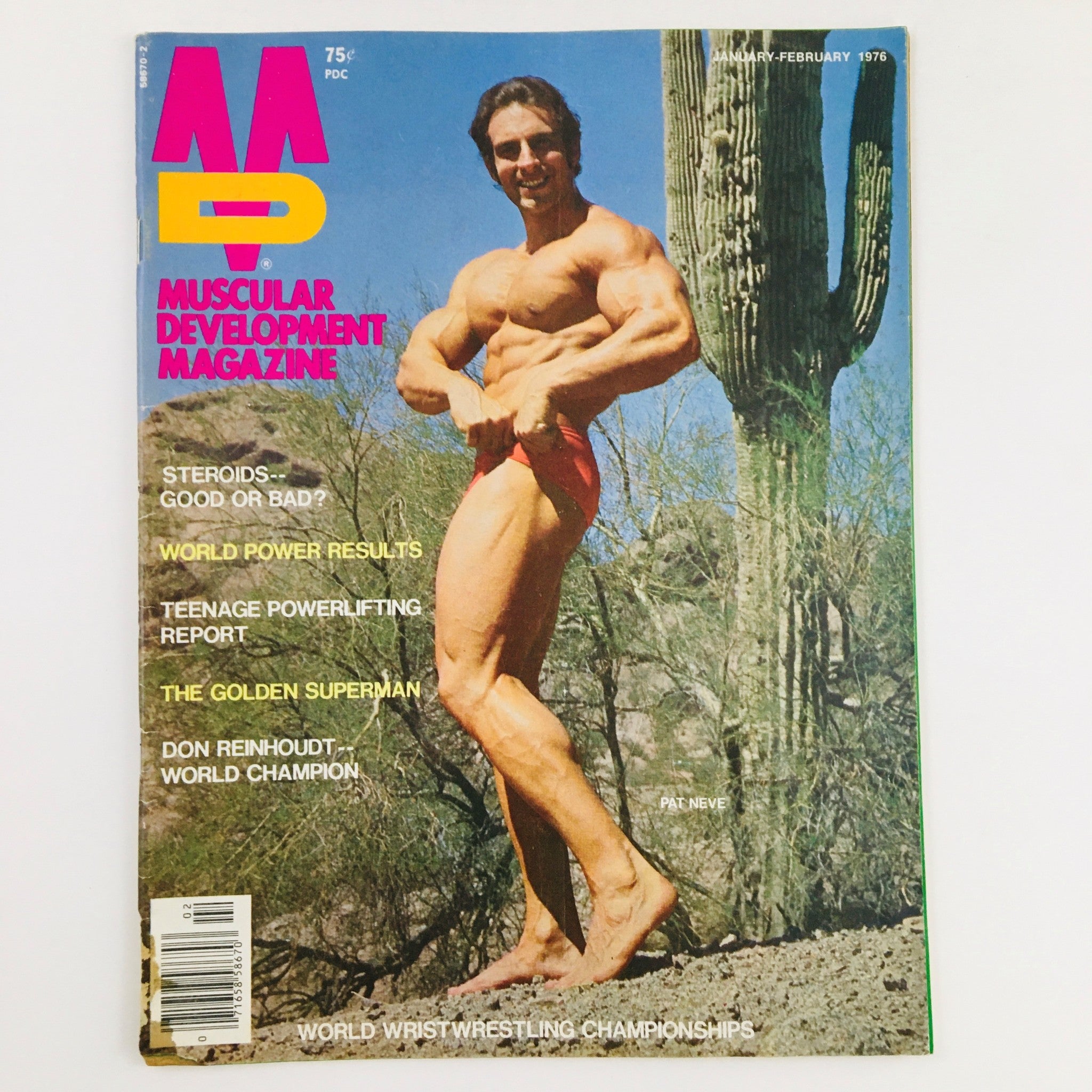 Muscular Development Magazine January 1976 featuring Pat Neve, known as 'The Golden Superman', posing outdoors beside a cactus, highlighting vintage bodybuilding aesthetics.