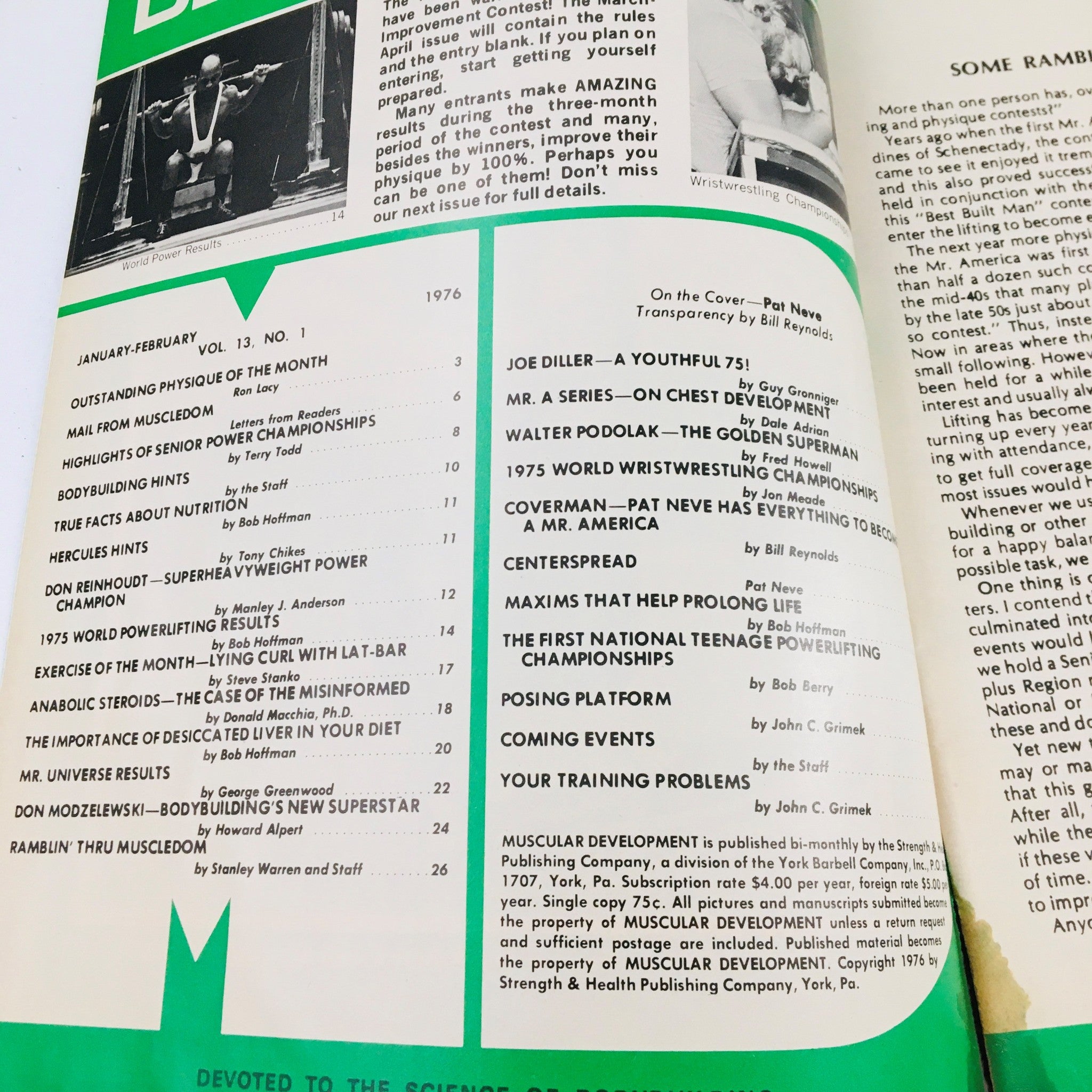 Interior page of Muscular Development Magazine January 1976 listing content, including articles and features related to fitness, strength training, and bodybuilding.