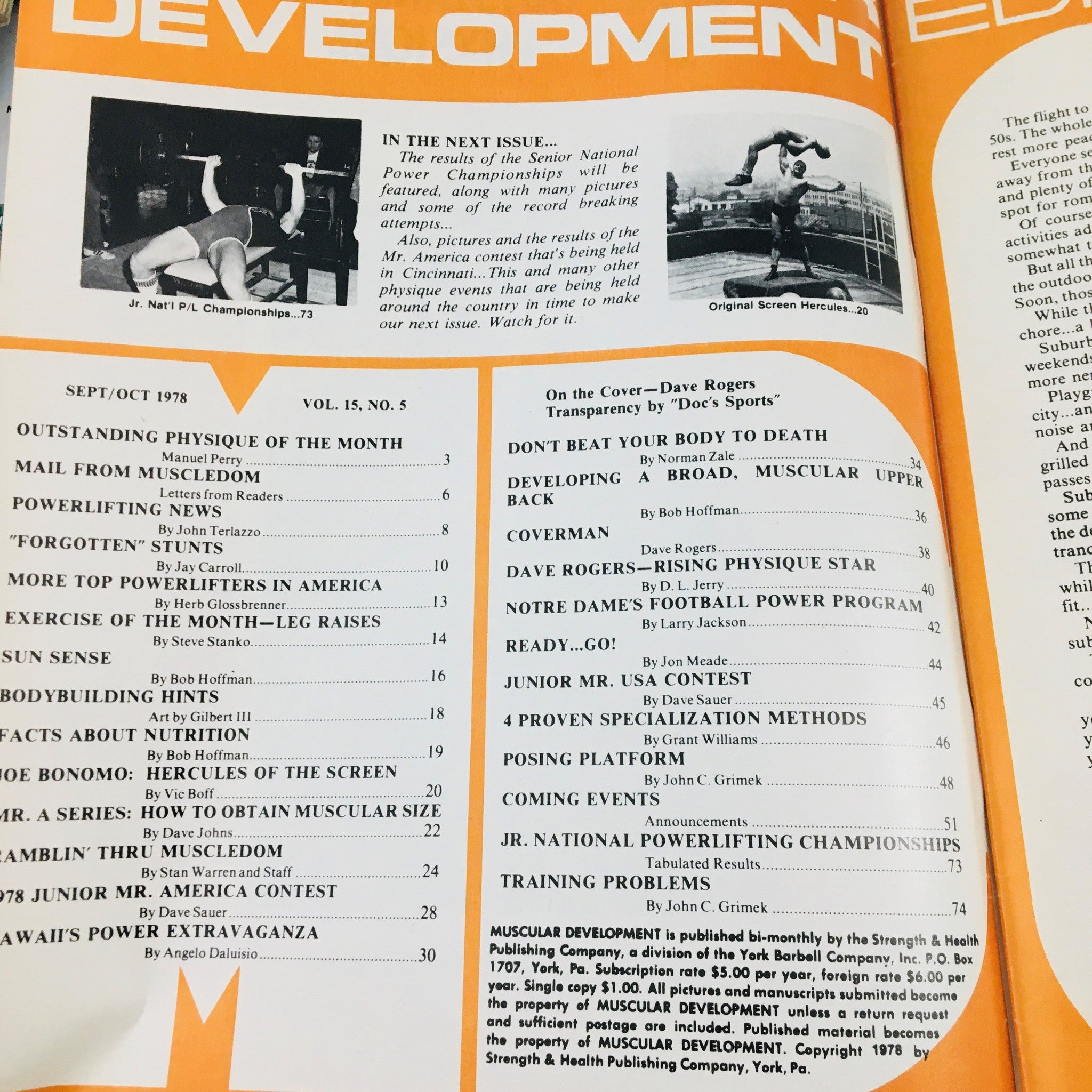 Interior page of Muscular Development Magazine October 1978 showing articles and features including workout tips and athlete profiles, reflecting vintage fitness culture.