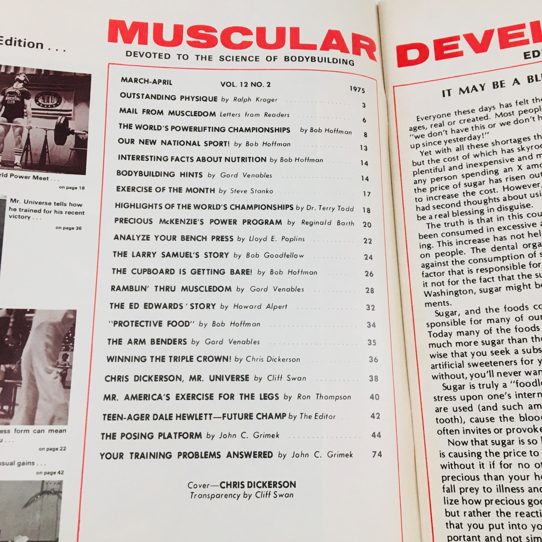Table of contents for Muscular Development Magazine March 1975. It includes articles on bodybuilding nutrition, training hints, and features like Chris Dickerson's Mr. Universe profile.