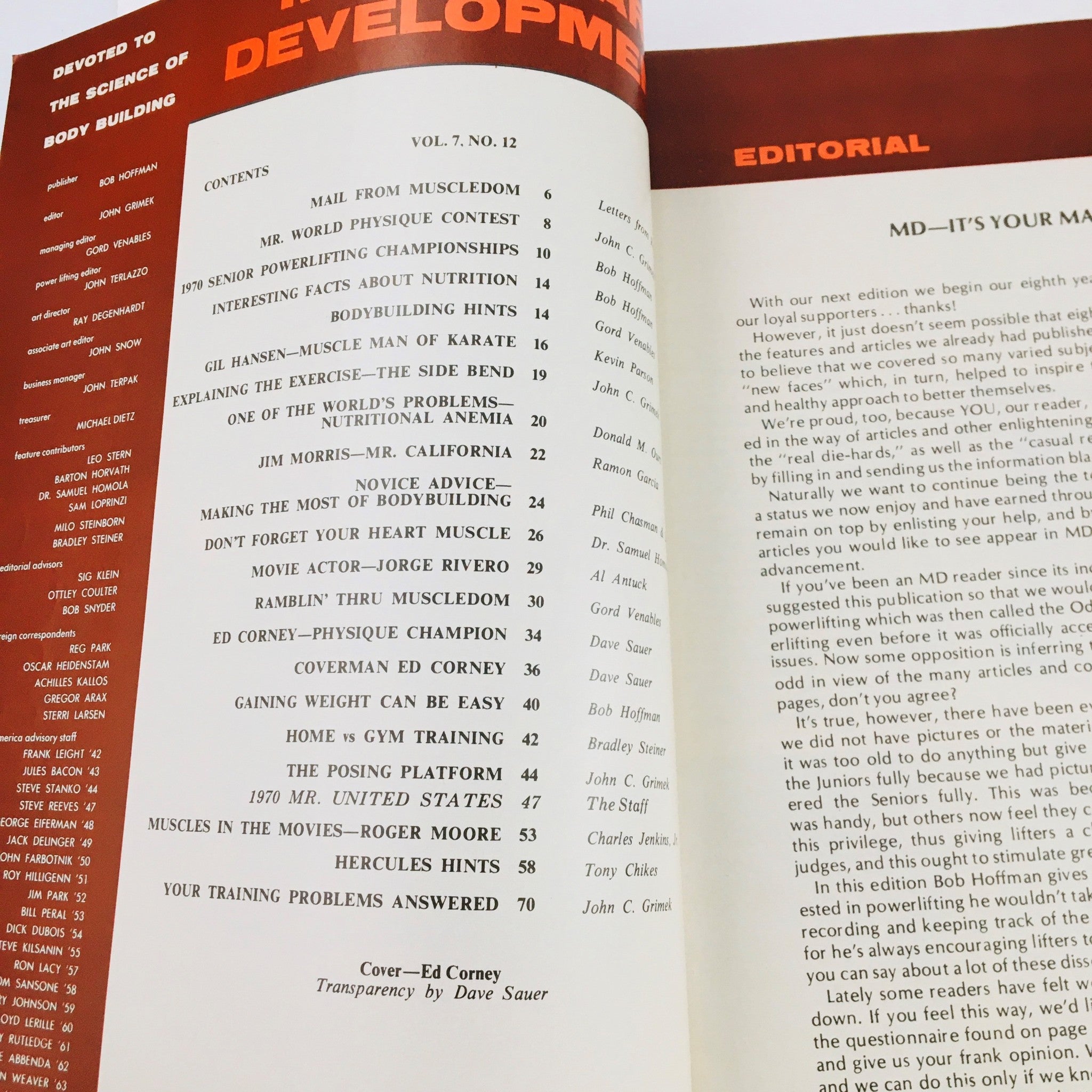 Interior page of Muscular Development Magazine December 1970, detailing contents and articles on bodybuilding topics, including Mr. World Physique Championships and fitness advice.