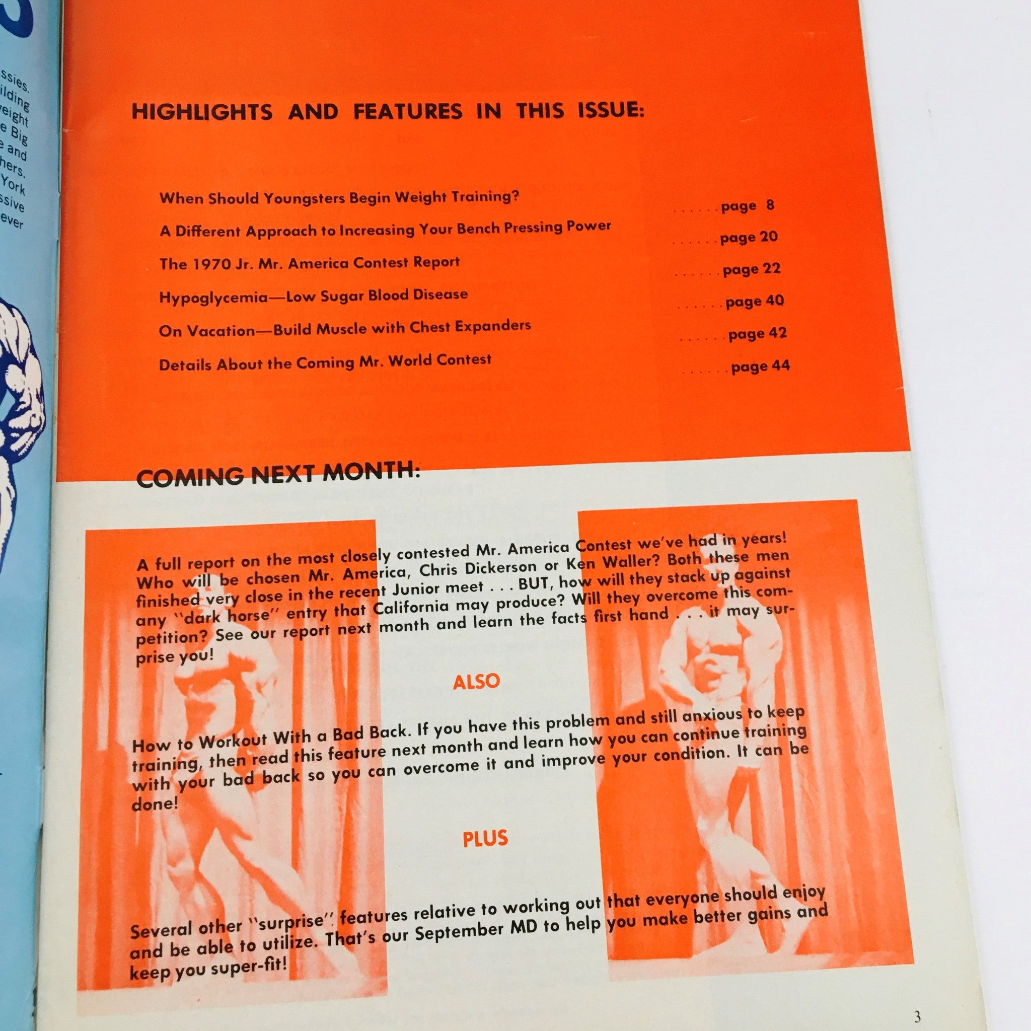 Back cover of Muscular Development Magazine August 1970, highlighting features in the issue such as training for youngsters and advice for muscle building with chest expanders.