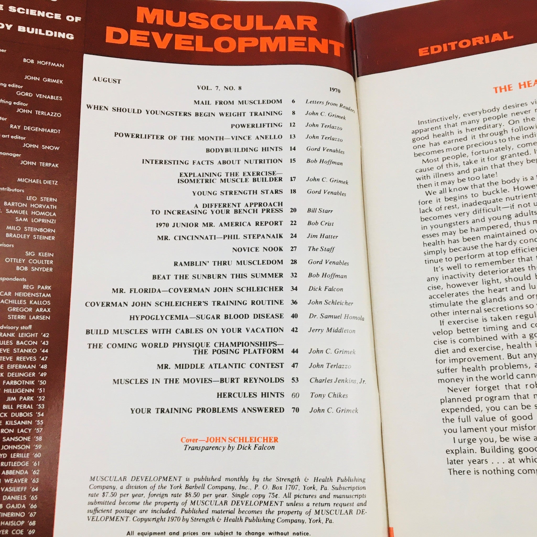 Inside pages of Muscular Development Magazine August 1970, featuring the editorial section and a table of contents with articles on bodybuilding and fitness tips.