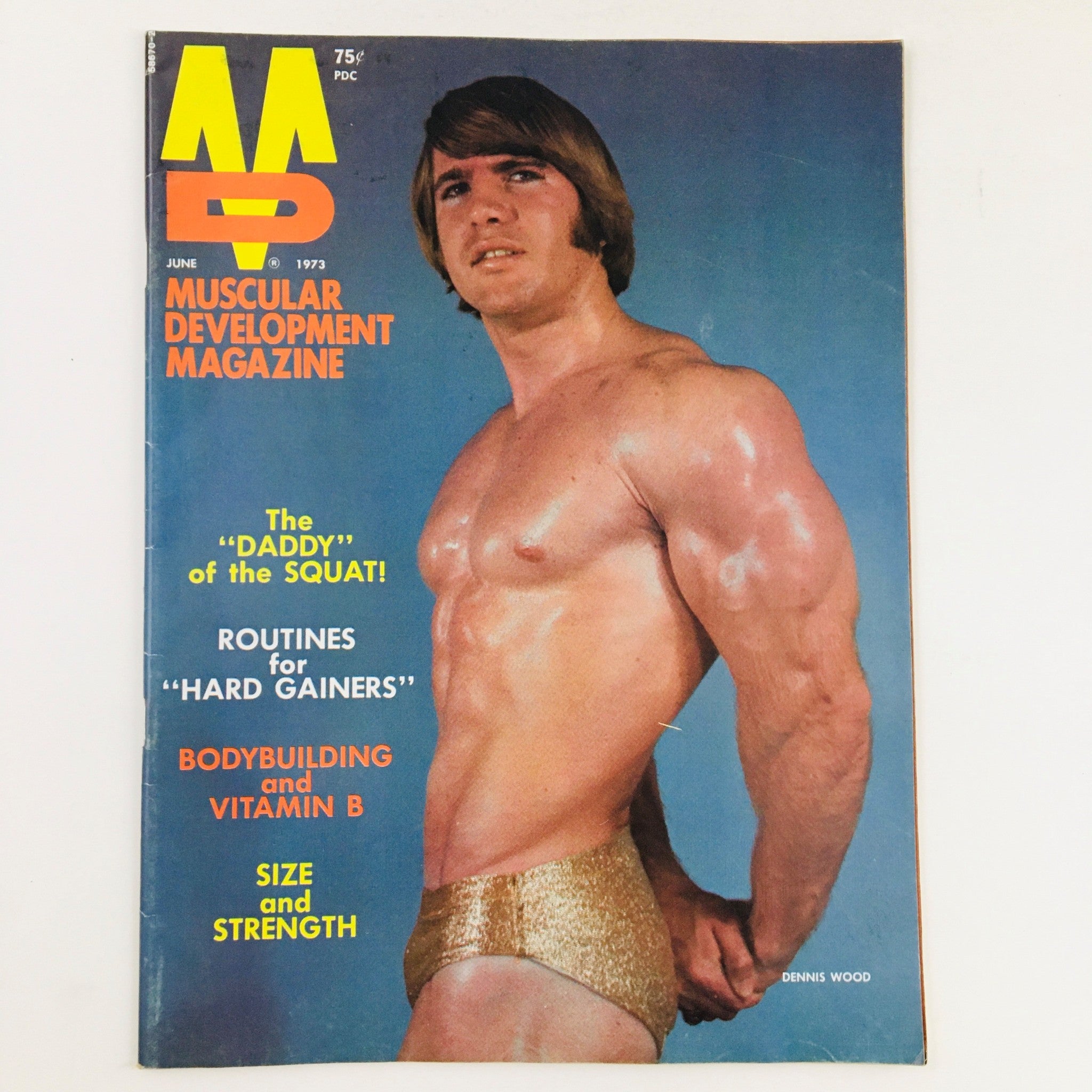 Cover of Muscular Development Magazine, June 1973, featuring Dennis Wood, known as the 'Daddy of the Squat.' The cover highlights bodybuilding routines for 'hard gainers,' and topics on bodybuilding, nutrition, and strength training.