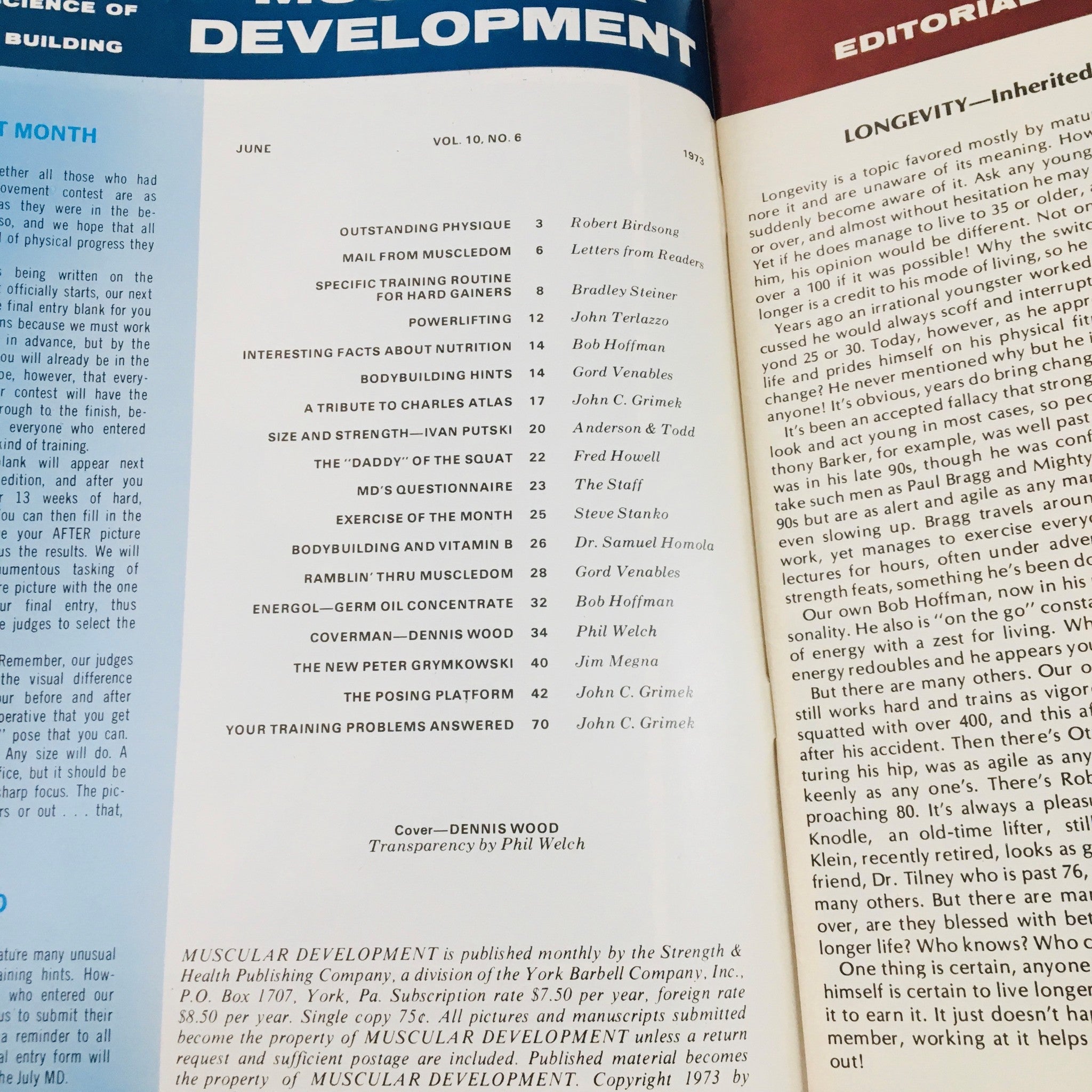 Contents page of Muscular Development Magazine, June 1973 featuring Dennis Wood, the 'Daddy of Squat', illustrating articles on bodybuilding tips, exercise techniques, and athlete profiles.