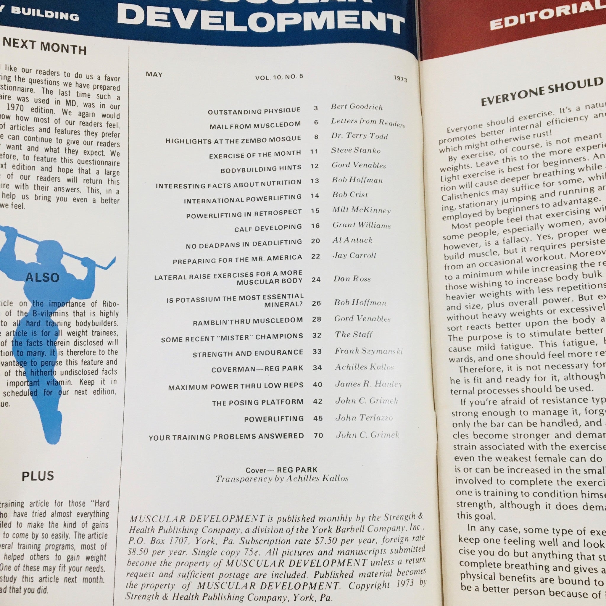Editorial and contents page of Muscular Development Magazine May 1973, includes articles by Reg Park and topics on bodybuilding training and nutrition.