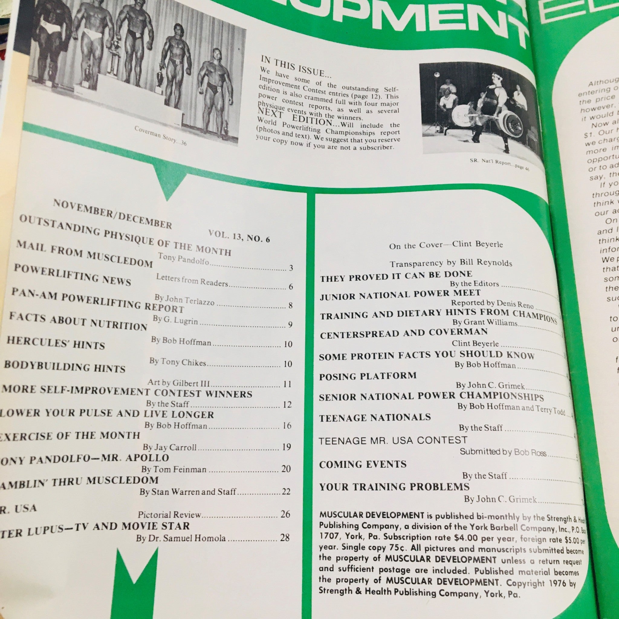 Inside page of Muscular Development Magazine November 1976 listing contents and articles related to bodybuilding and nutrition.