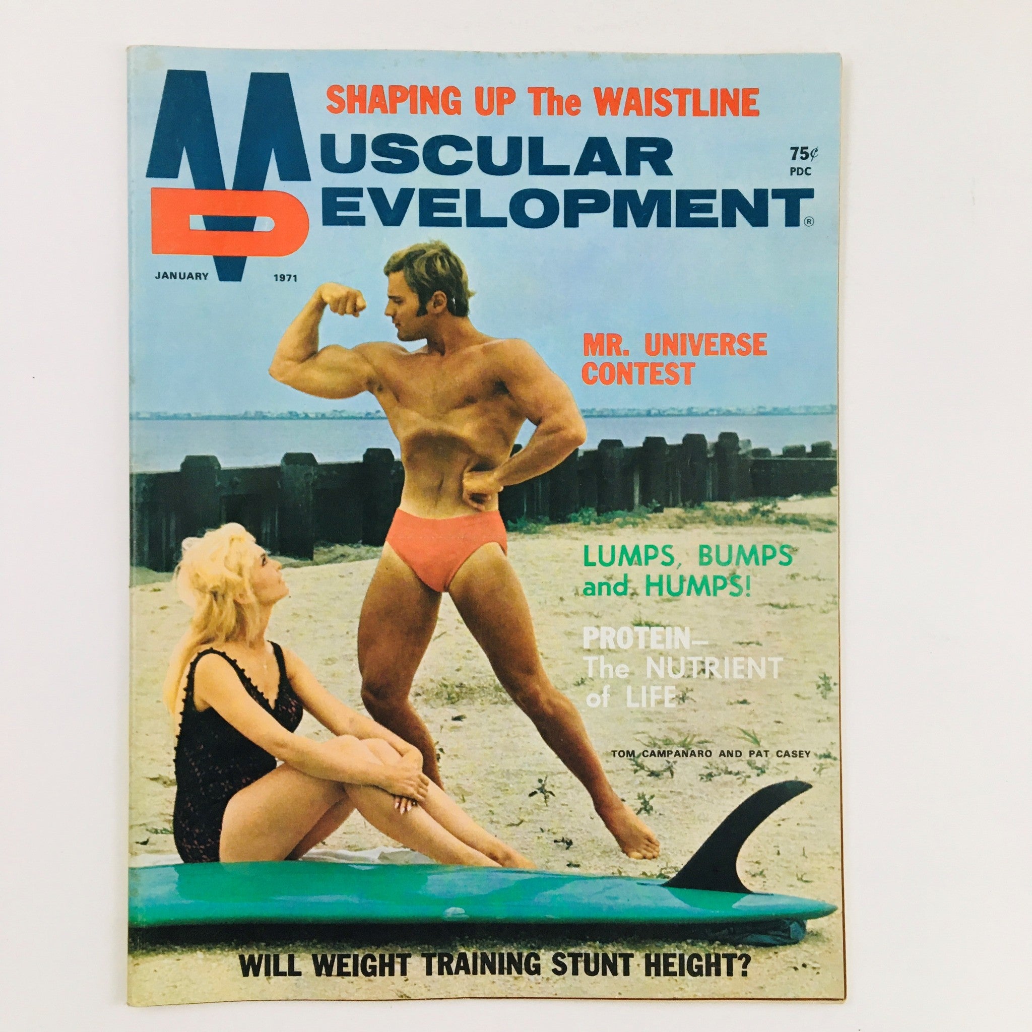 Cover of Muscular Development Magazine January 1971 featuring Tom Capanaro showcasing bodybuilding, with a woman on the beach and a surfboard, highlighting vintage fitness culture.