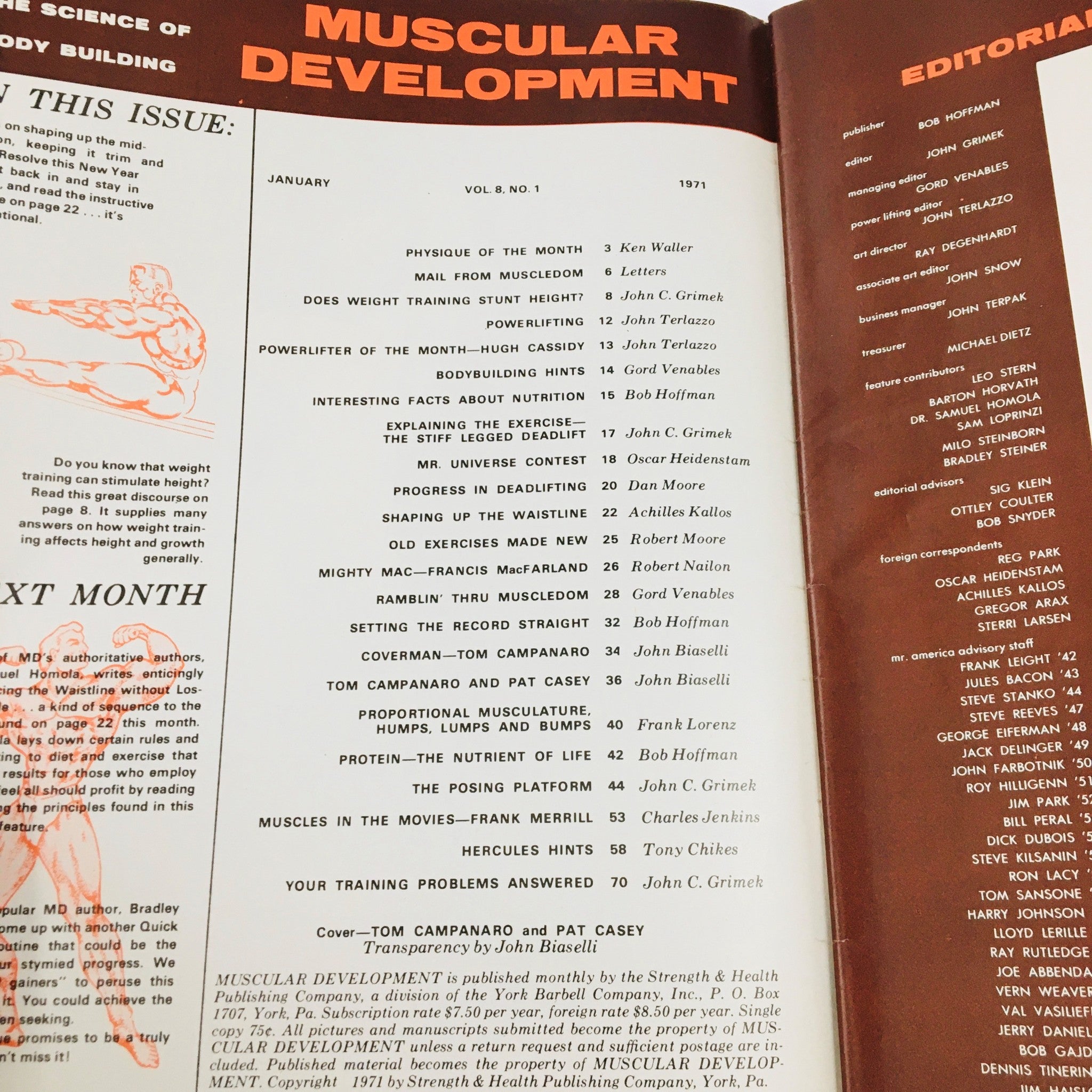 Table of contents from Muscular Development Magazine January 1971, featuring articles on bodybuilding and fitness, including contributions from Tom Capanaro and Pat Casey.