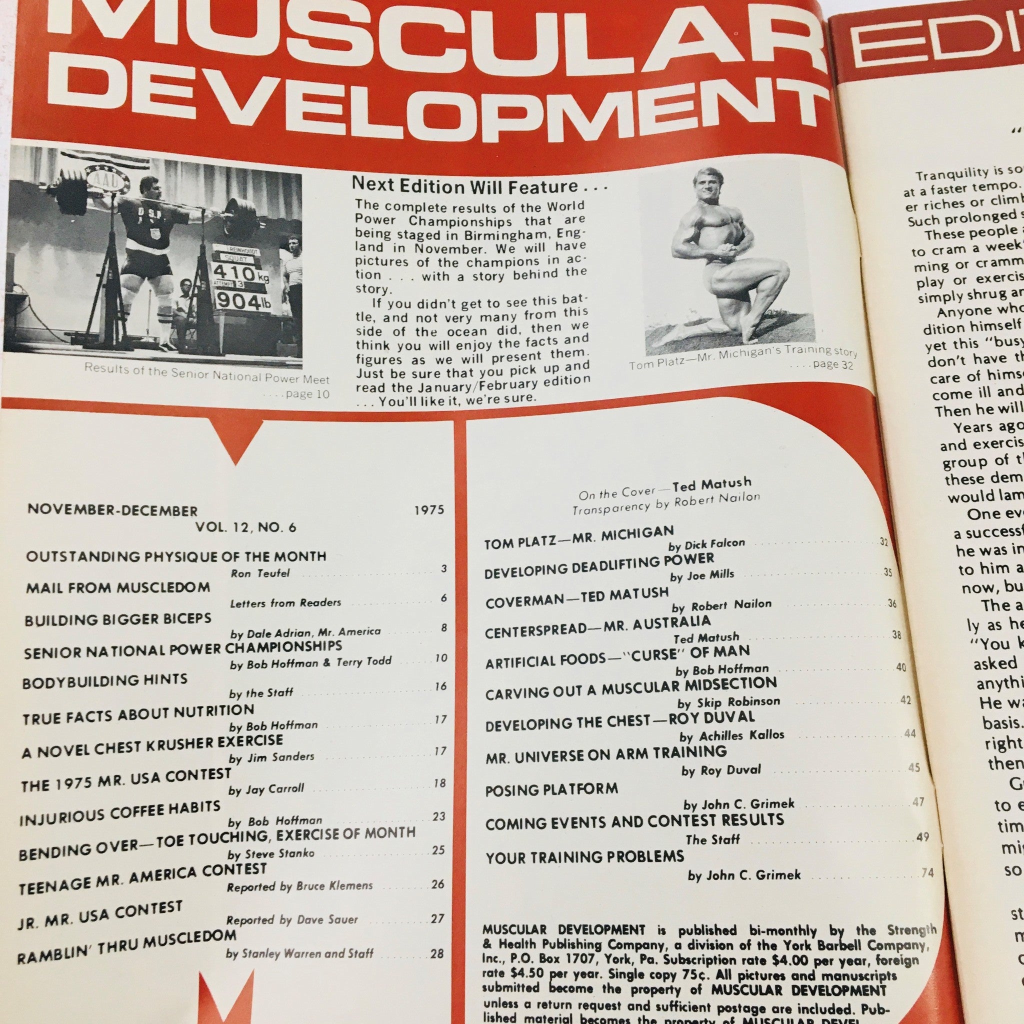 Muscular Development Magazine November 1975 Ted Matush Mr. Australia No Label