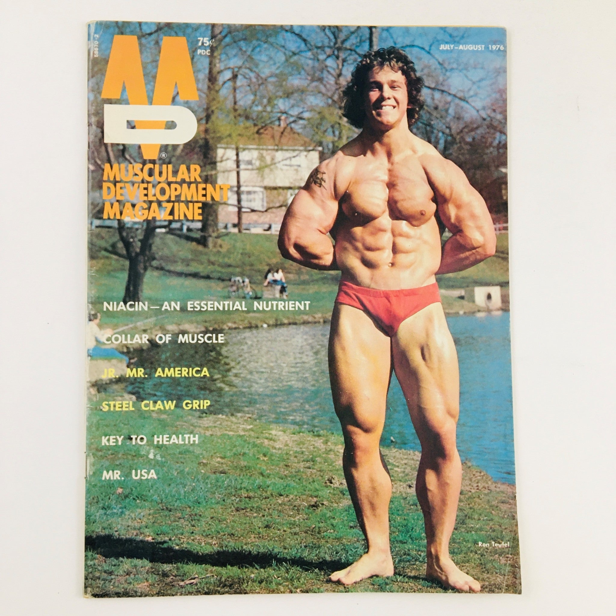 Cover of Muscular Development Magazine July 1976 featuring Ron Teufel showcasing his muscular physique near a park lake.