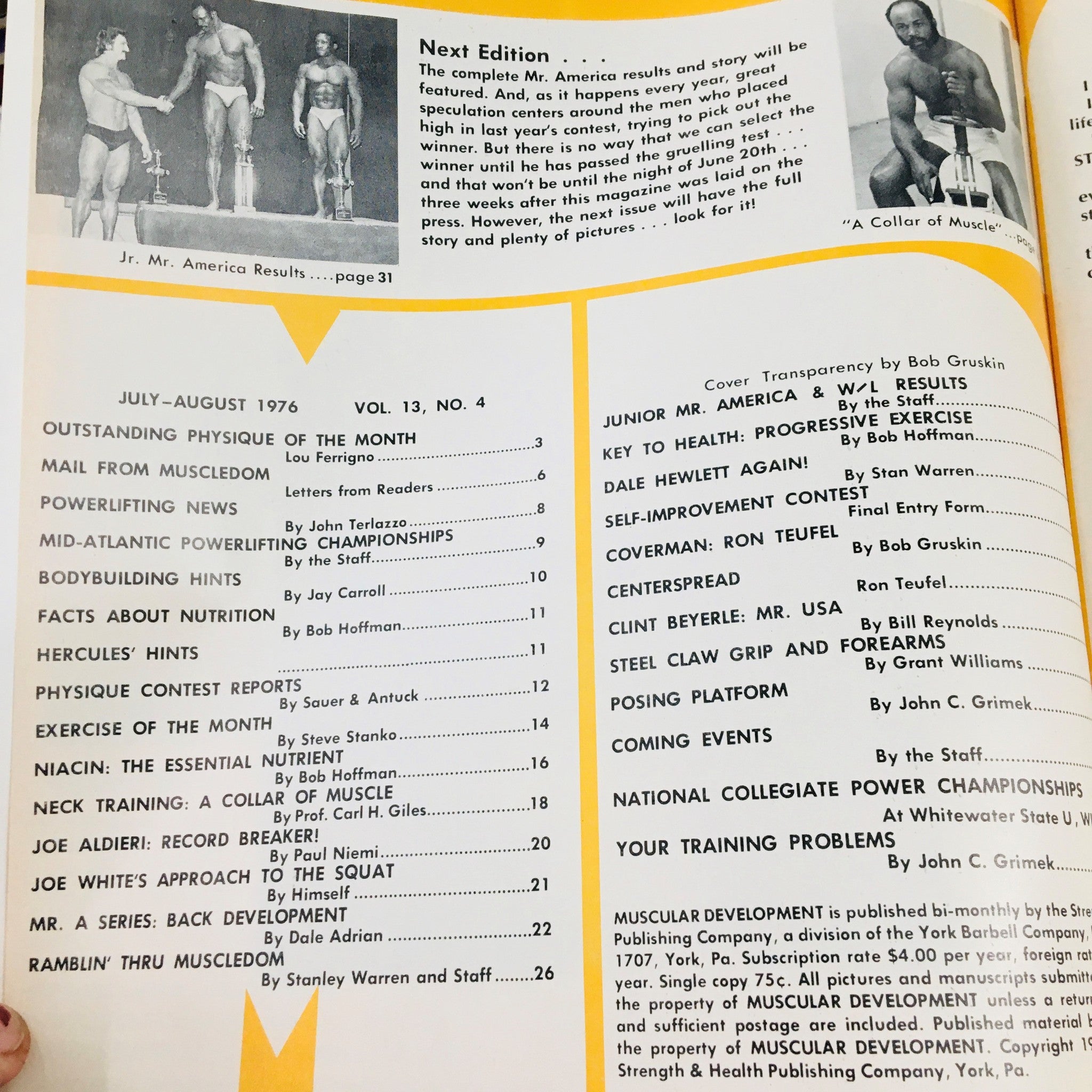 Inside page of Muscular Development Magazine July 1976 displaying articles and features, including the Junior Mr. America results and bodybuilding hints.