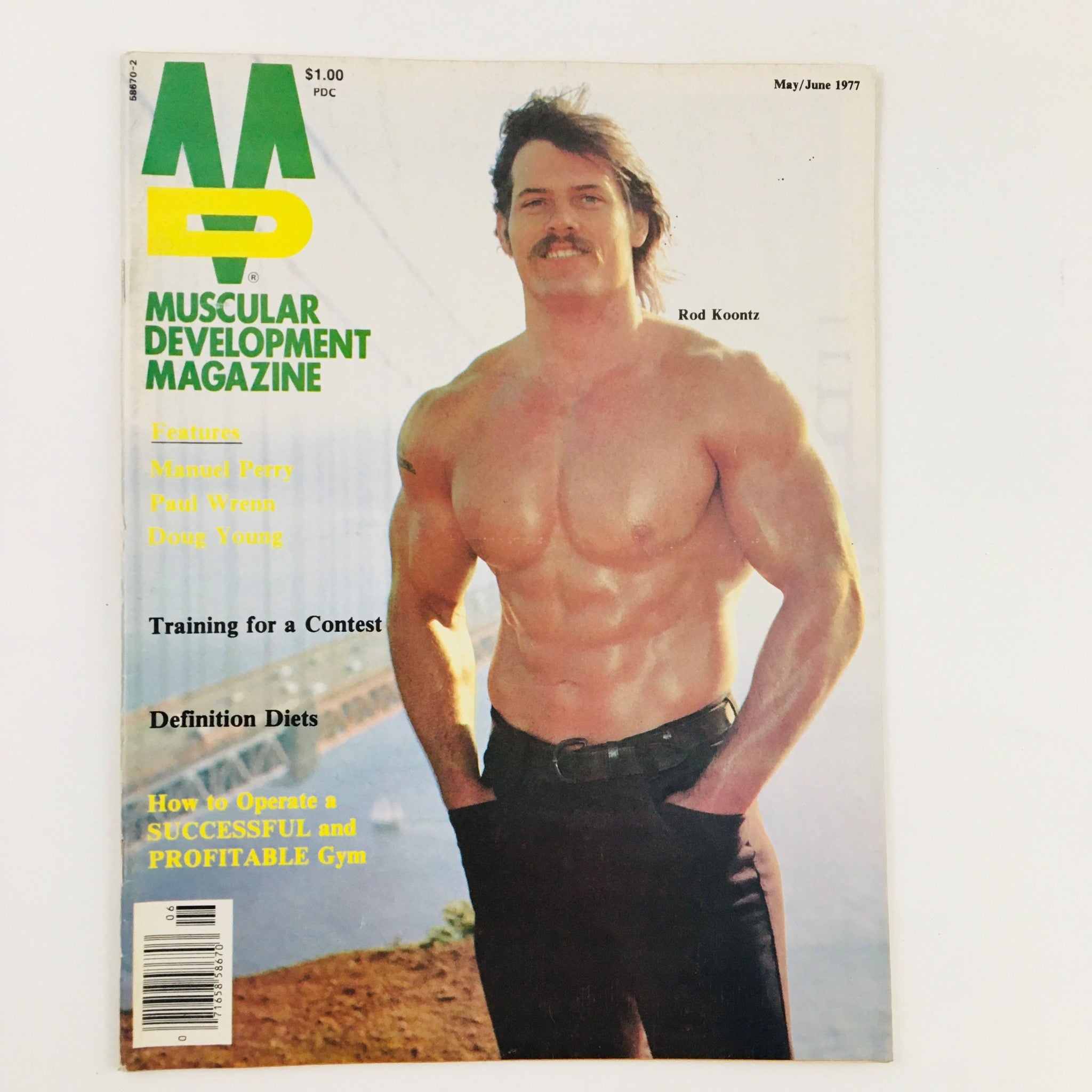 Muscular Development Magazine May 1977 featuring bodybuilder Rod Koontz on the cover, showcasing the fitness culture of the 1970s.