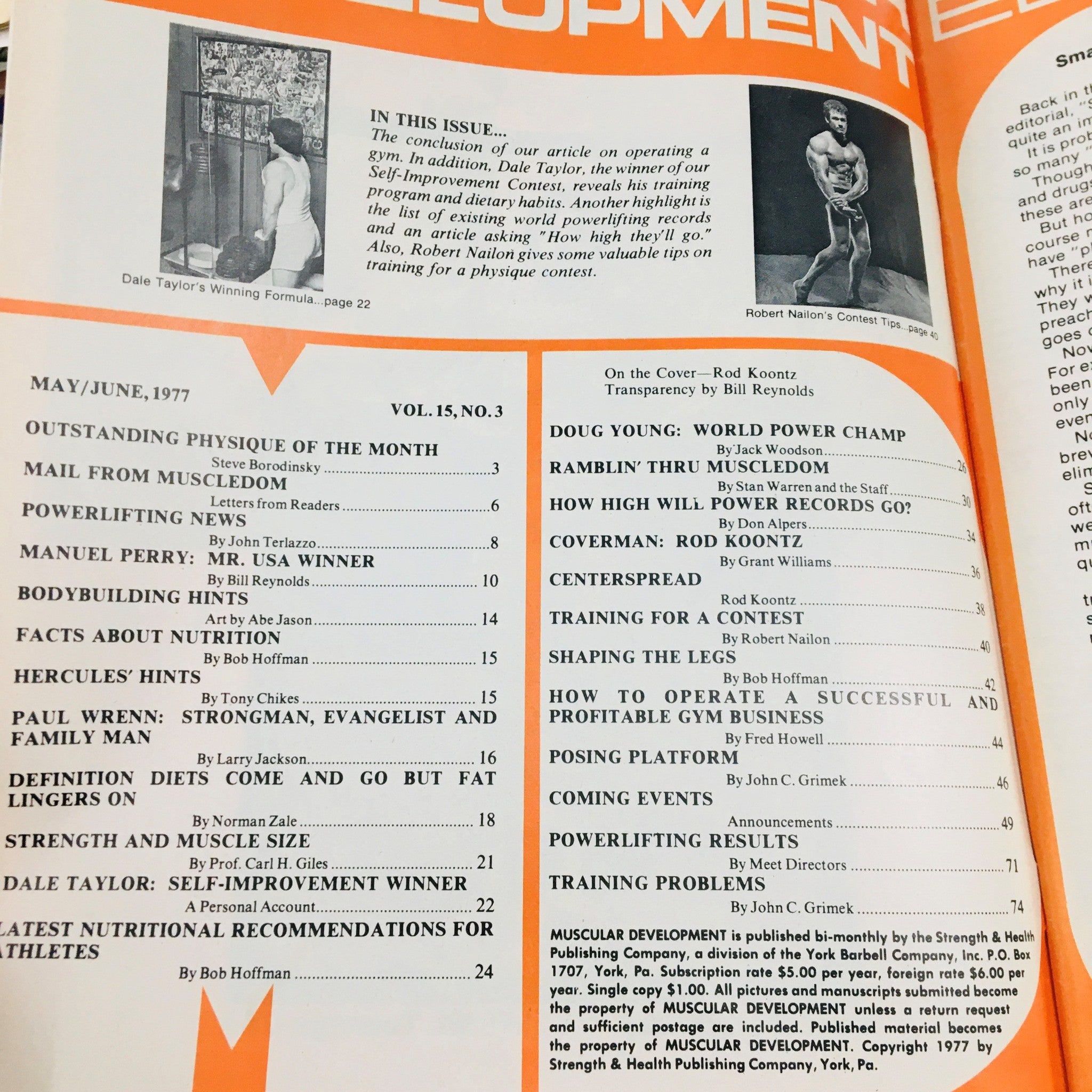 Inside page of Muscular Development Magazine May 1977, listing articles including those on Rod Koontz and bodybuilding tips.