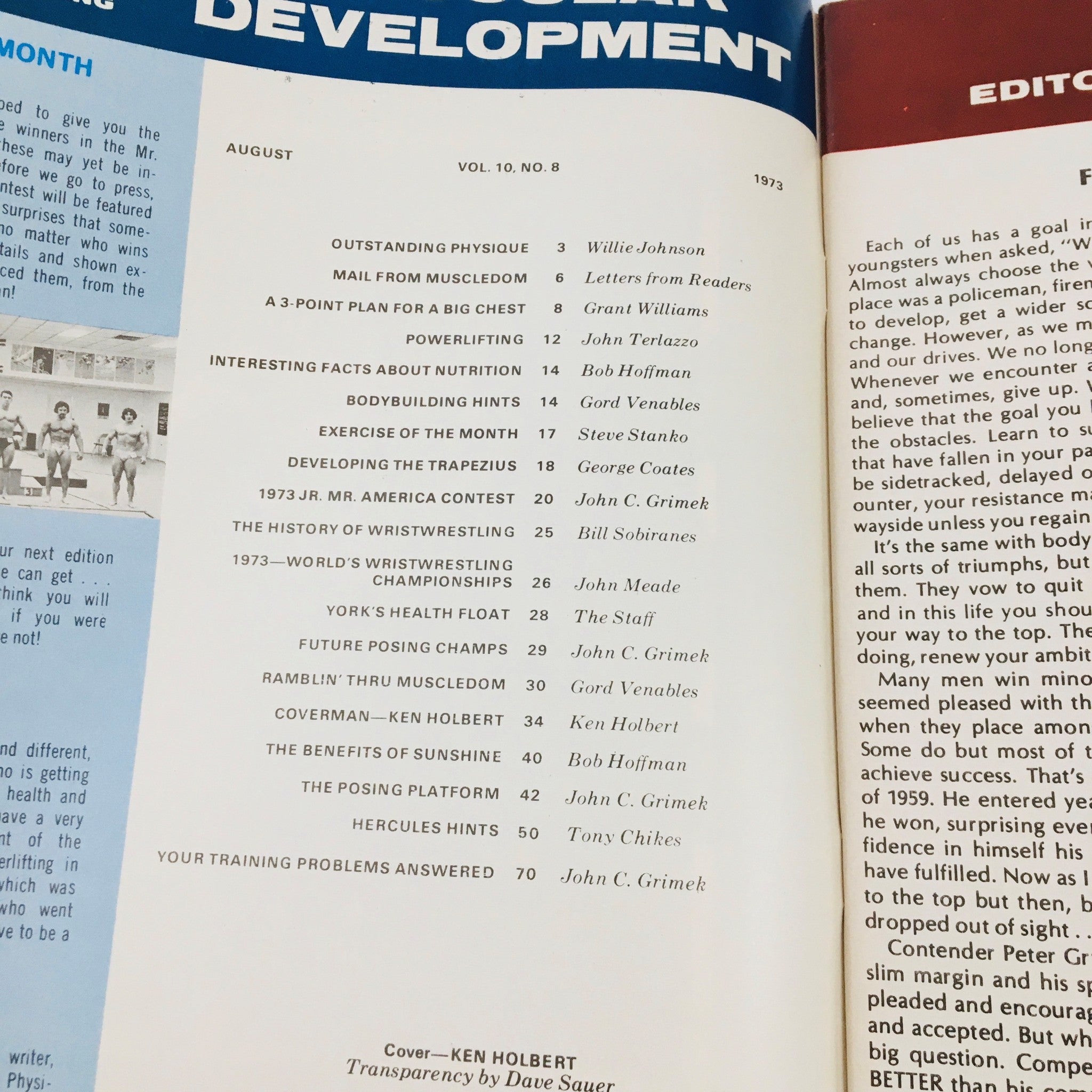 Inside page of Muscular Development Magazine August 1973 displaying table of contents and editorial section.