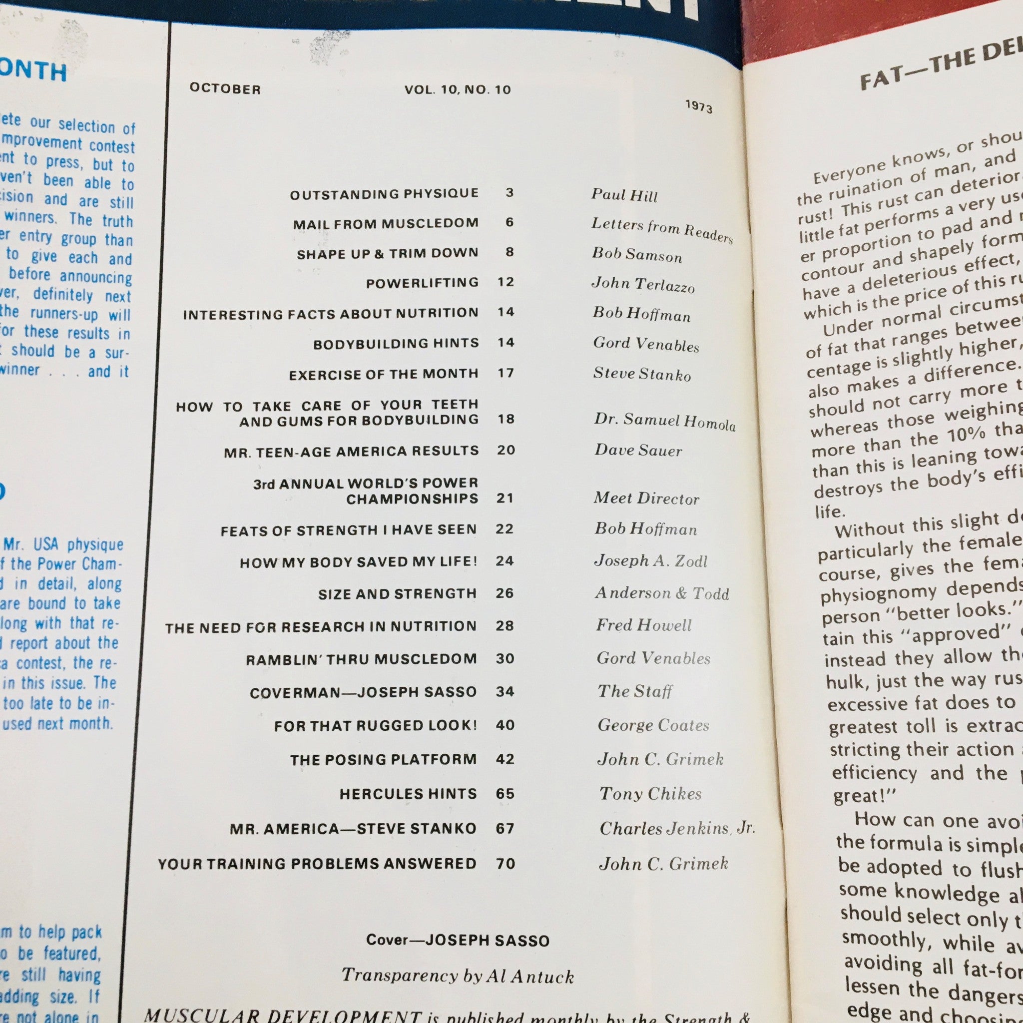Inside page of Muscular Development Magazine October 1973 displaying the table of contents, reflecting the vintage bodybuilding topics and articles related to fitness.