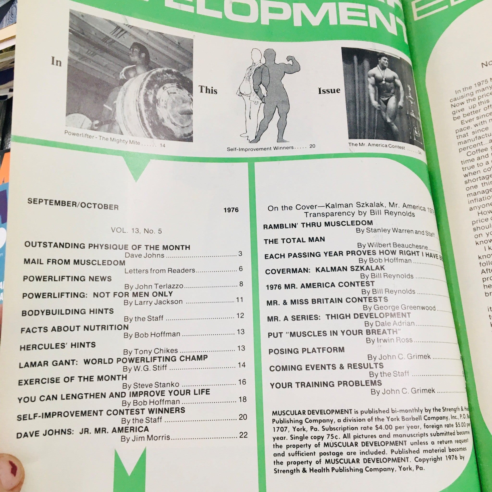 Table of contents from Muscular Development Magazine September 1976, highlighting articles on bodybuilding, nutrition, and fitness culture of the era.