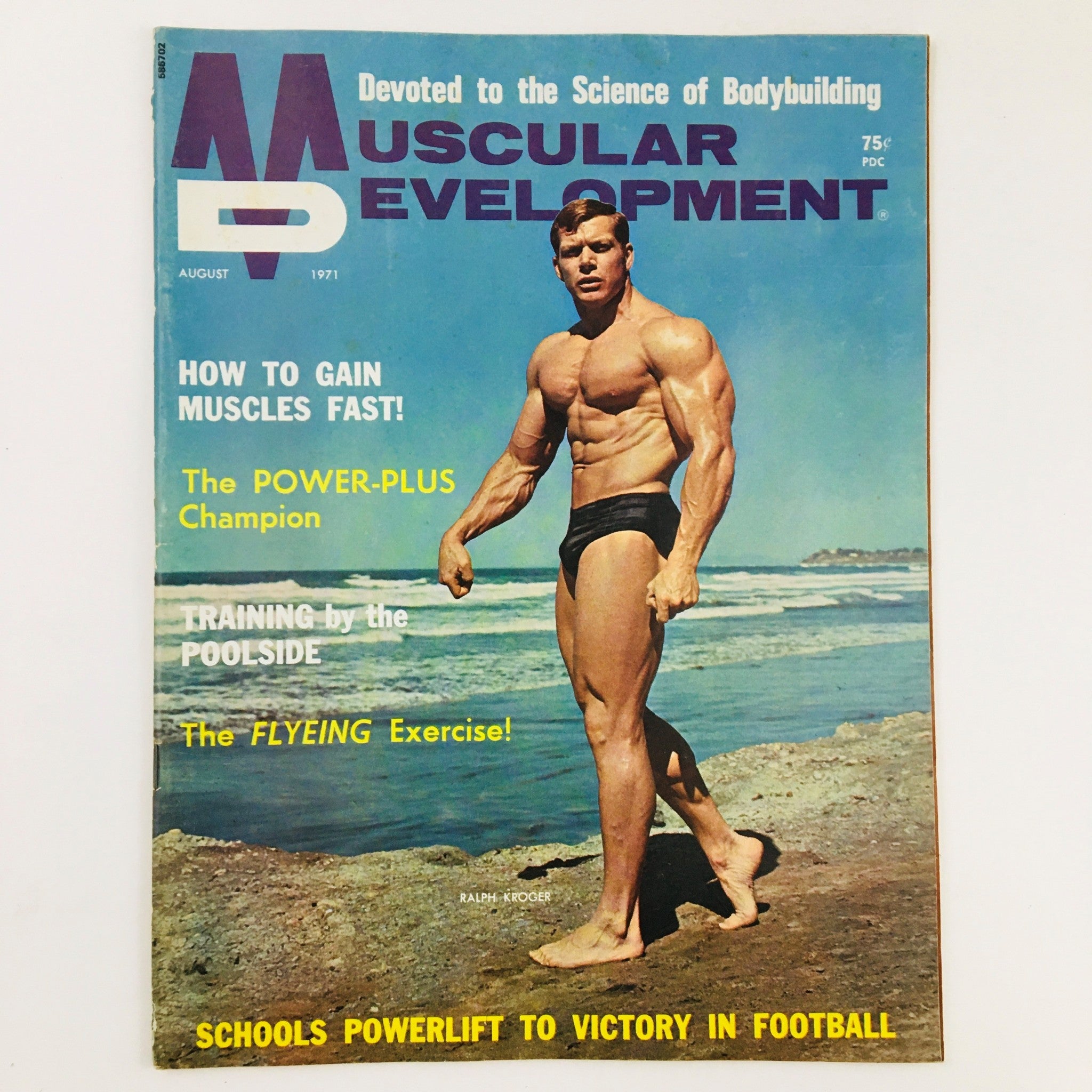 Muscular Development Magazine August 1971 featuring bodybuilder Ralph Kroger on the cover, highlighting bodybuilding culture of the 1970s, vibrant colors, and bold title emphasizing fitness.