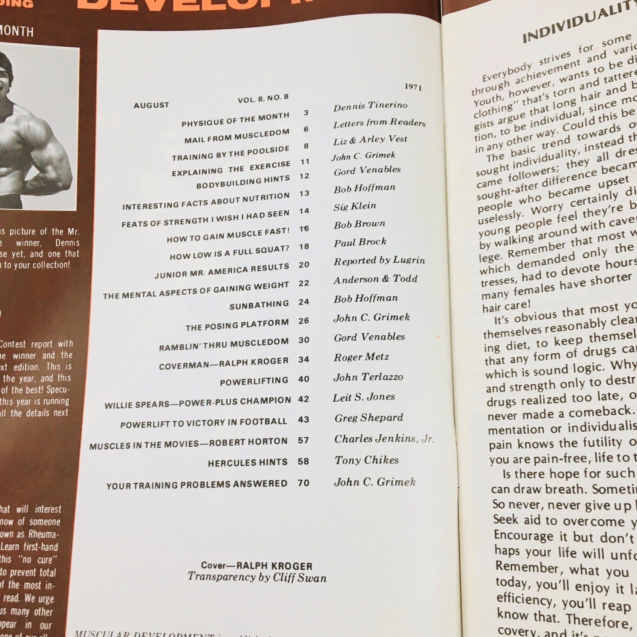 Interior page of Muscular Development Magazine August 1971 showcasing table of contents with featured articles on bodybuilding, nutrition, and training tips, emphasizing the magazine's focus on fitness education.