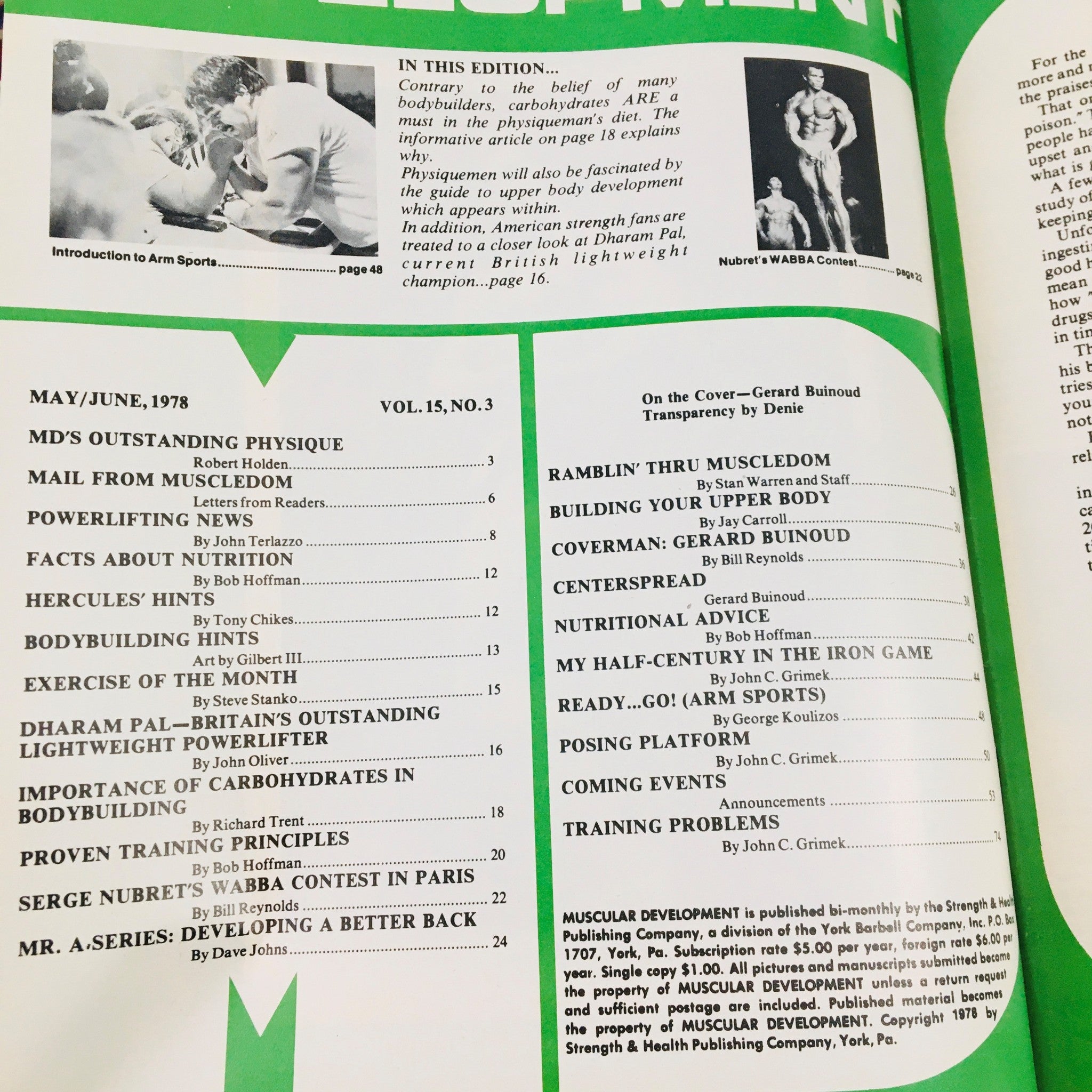 Inside spread of Muscular Development Magazine June 1978 showcasing articles and features, including a cover story on bodybuilder Gerard Bulnoud. The layout includes a table of contents and topics related to bodybuilding, nutrition, and training.