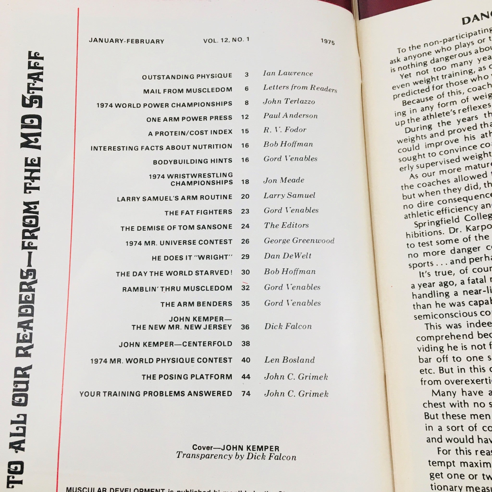 Table of contents from Muscular Development Magazine January 1975 featuring articles on bodybuilding, including John Kemper, Mr. Atlantis, and various fitness topics.
