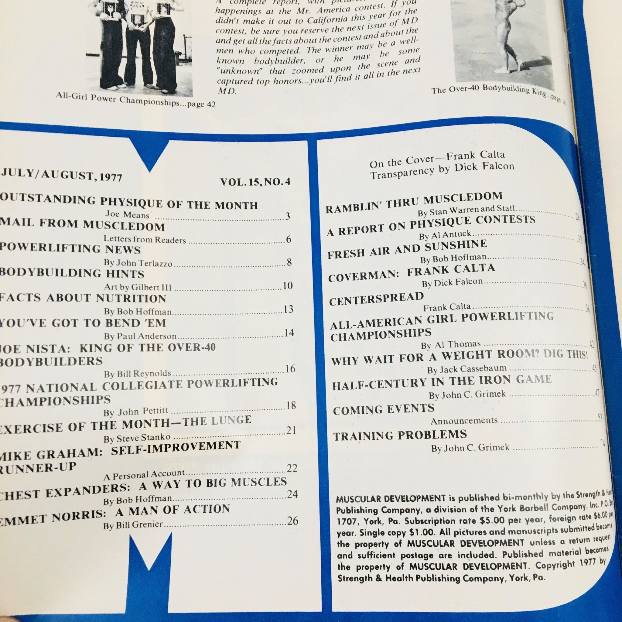 Contents page of Muscular Development Magazine August 1977, listing articles including 'Coverman: Frank Calta' and features on bodybuilding competitions and fitness insights.