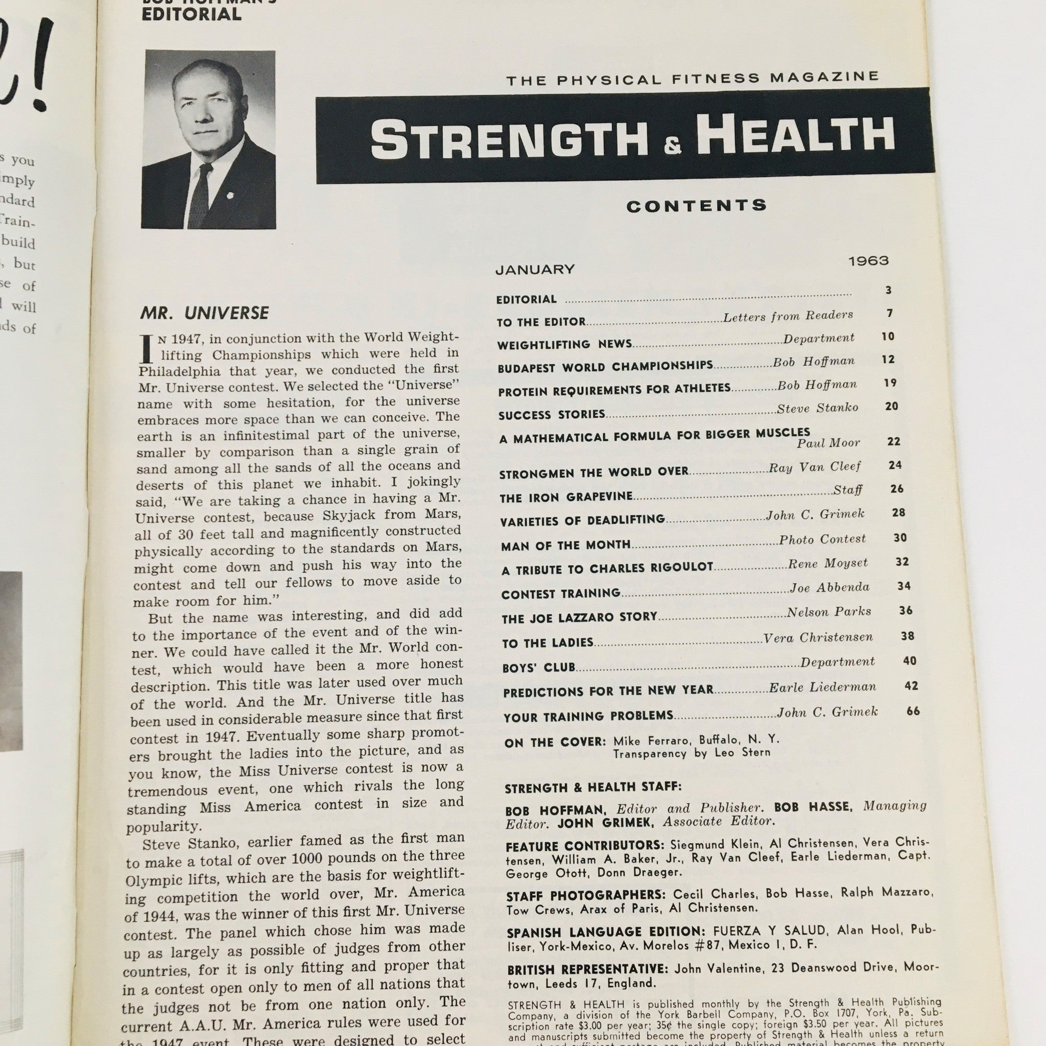 Contents page of Strength & Health Magazine January 1963, showcasing various articles including Mr. Universe and training tips, reflecting the fitness landscape of the era.
